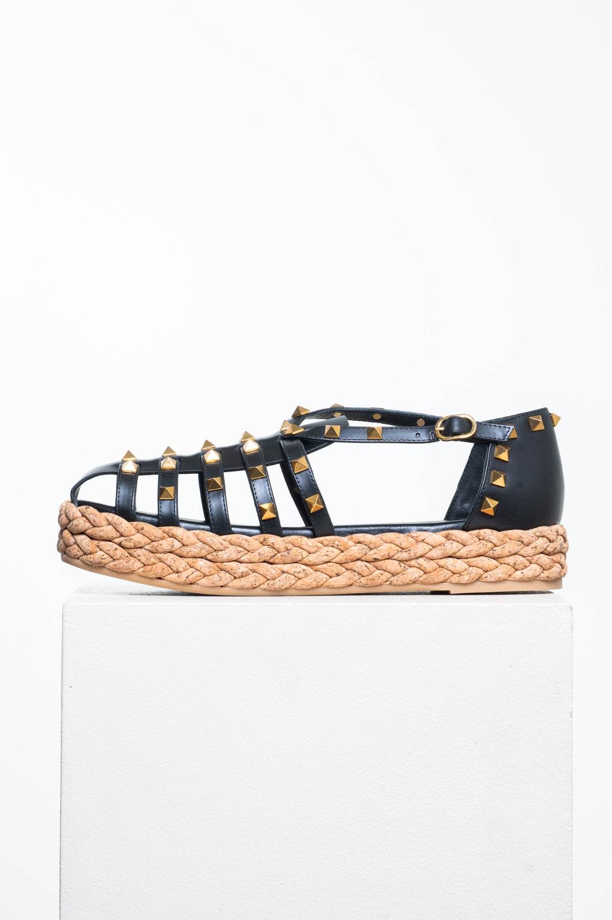 Black Rockstud Leather Fisherman Espadrille