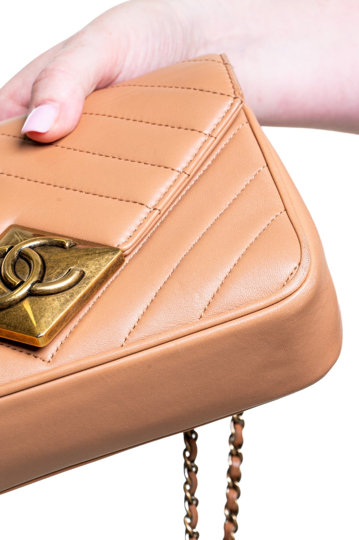 Brown Mini Lambskin Chevron Pyramid CC Flap Bag