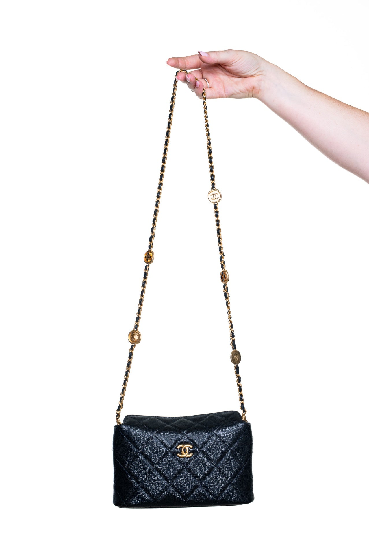Black Small Caviar Enamel Medallion Clutch With Chain