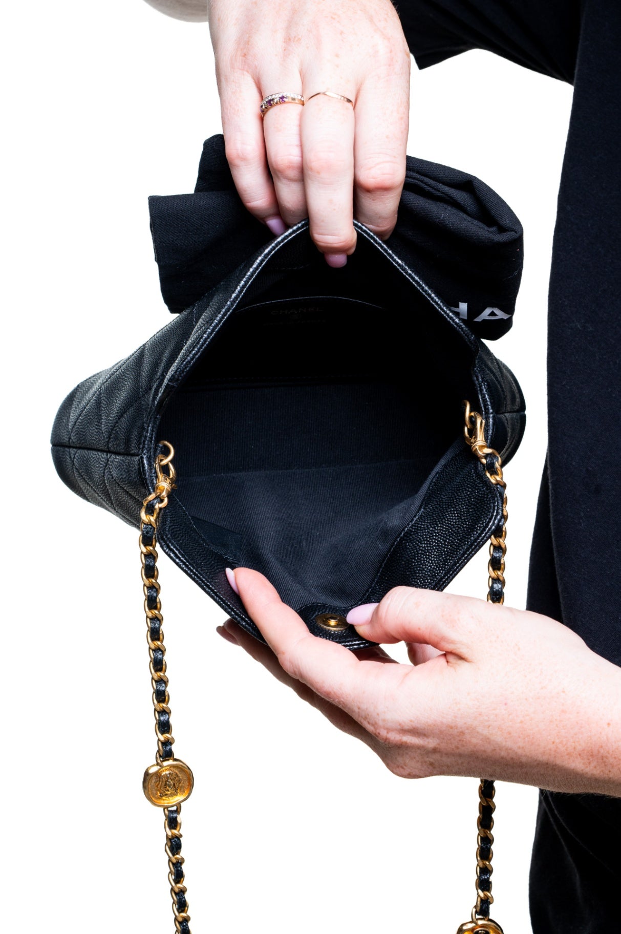 Black Small Caviar Enamel Medallion Clutch With Chain