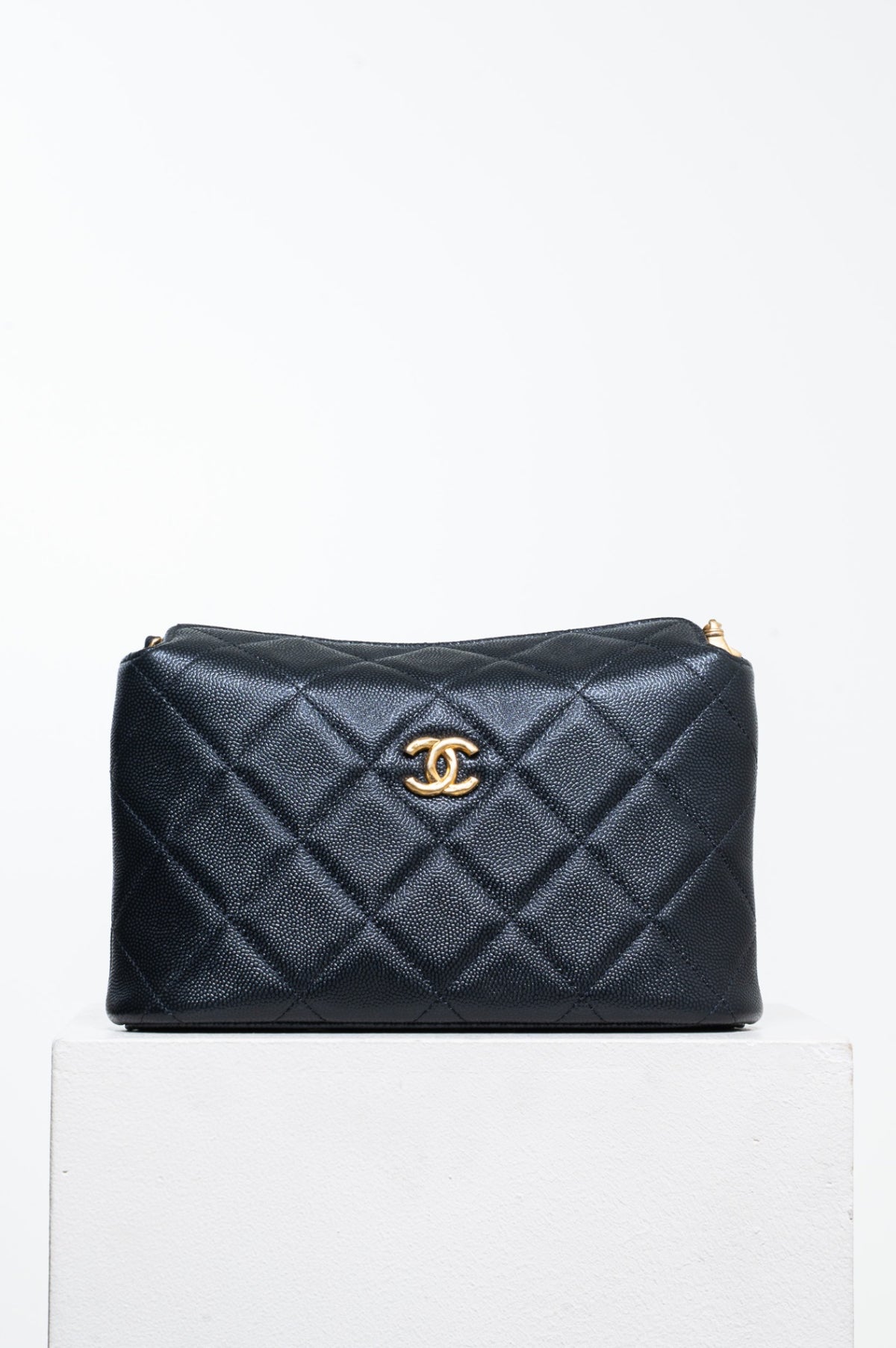 Black Small Caviar Enamel Medallion Clutch With Chain