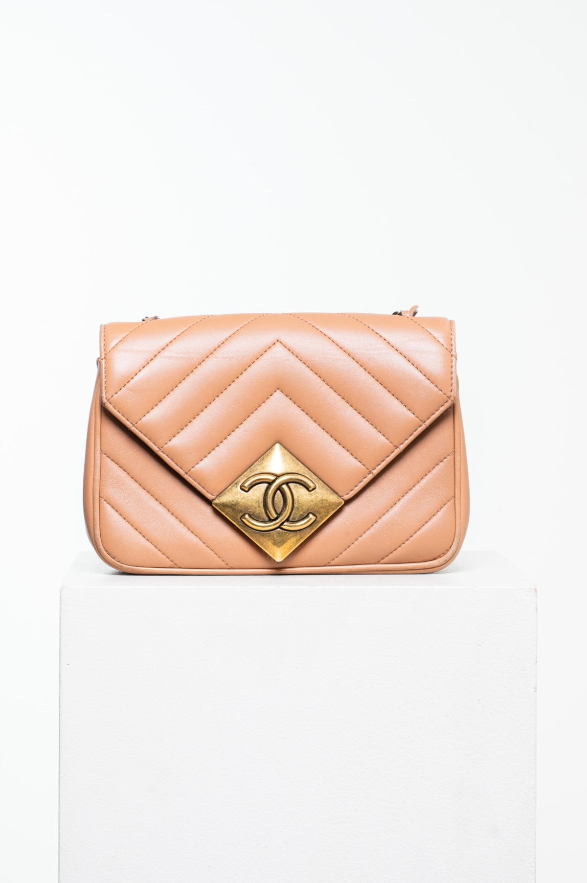 Brown Mini Lambskin Chevron Pyramid CC Flap Bag