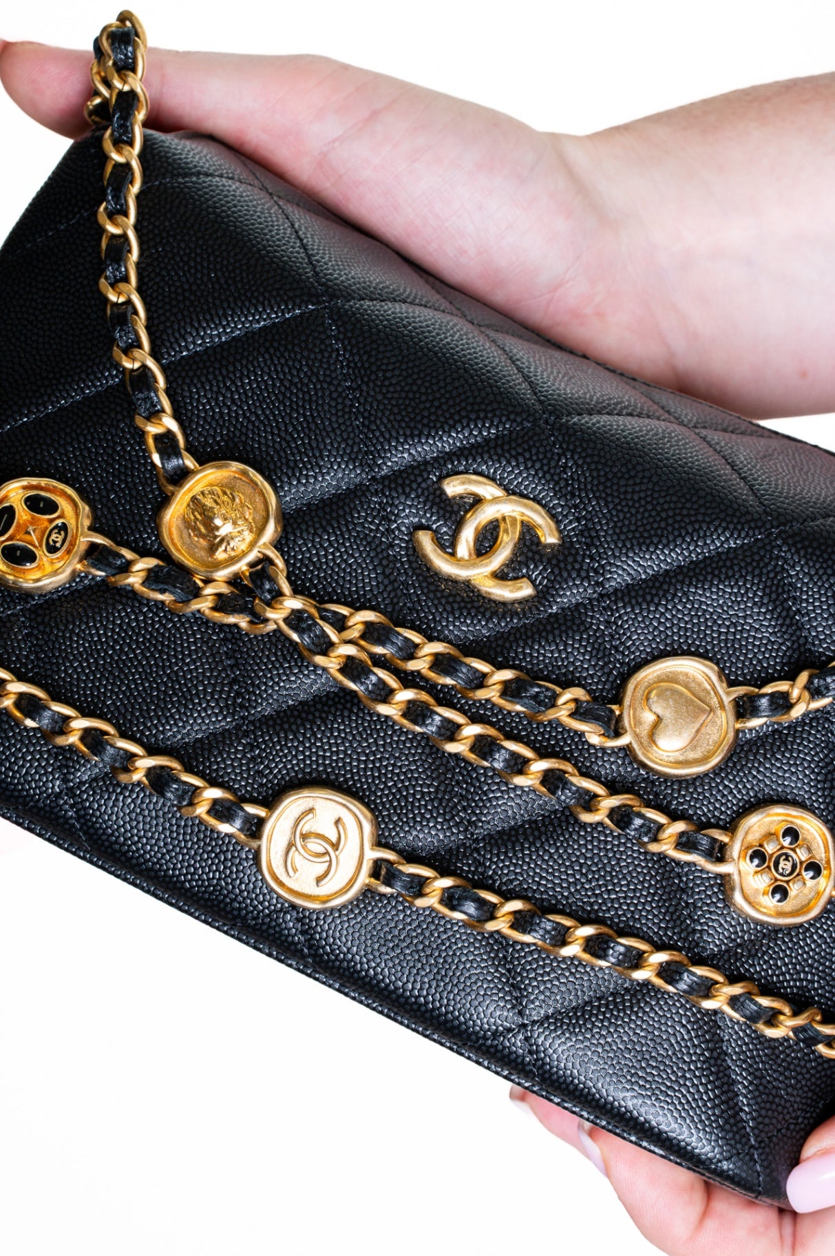 Black Small Caviar Enamel Medallion Clutch With Chain