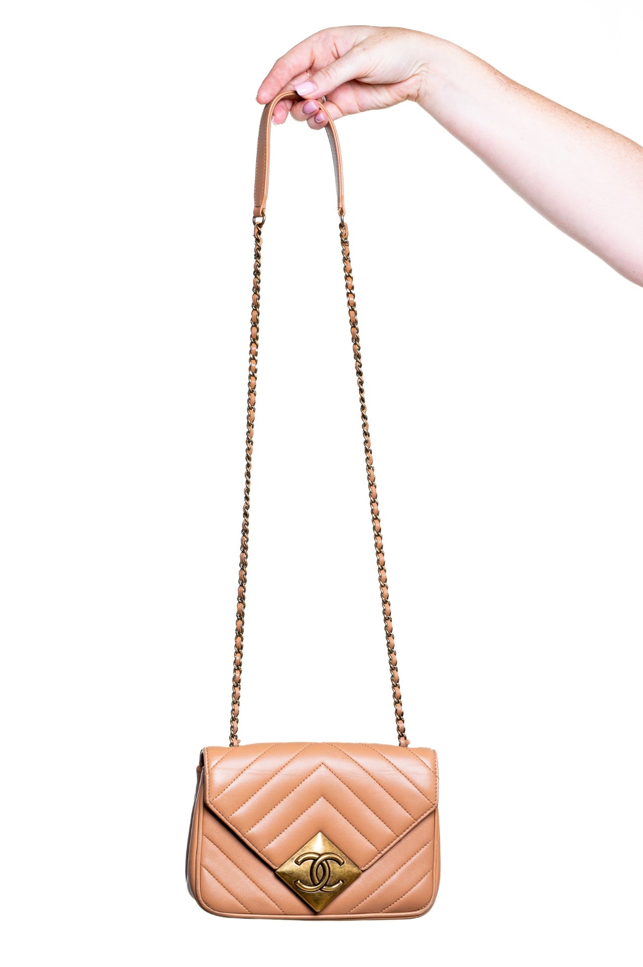 Brown Mini Lambskin Chevron Pyramid CC Flap Bag