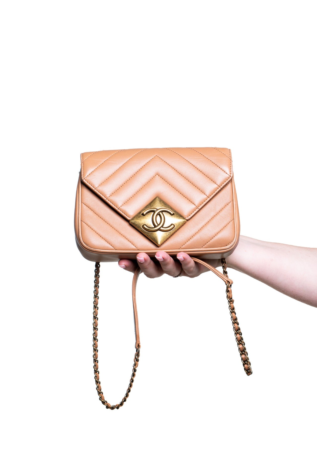 Brown Mini Lambskin Chevron Pyramid CC Flap Bag