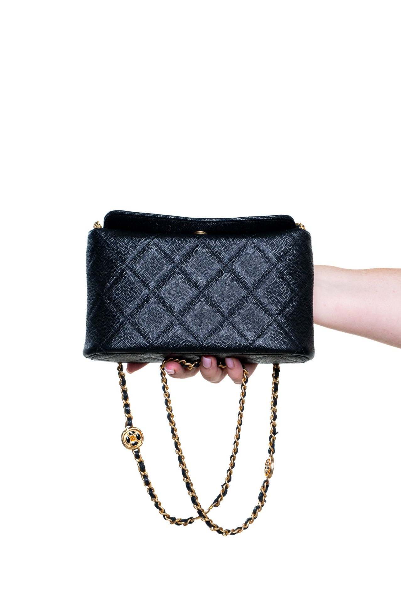 Black Small Caviar Enamel Medallion Clutch With Chain
