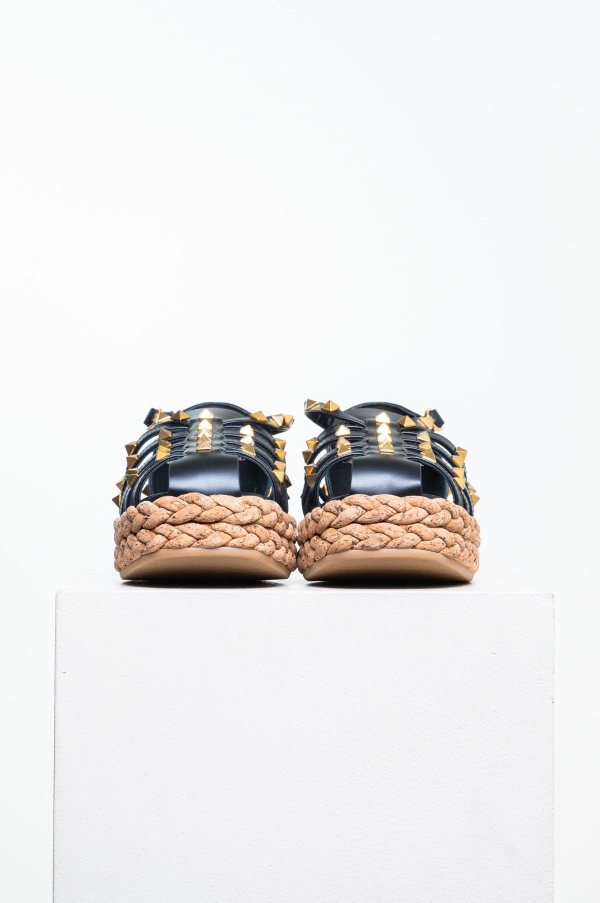 Black Rockstud Leather Fisherman Espadrille