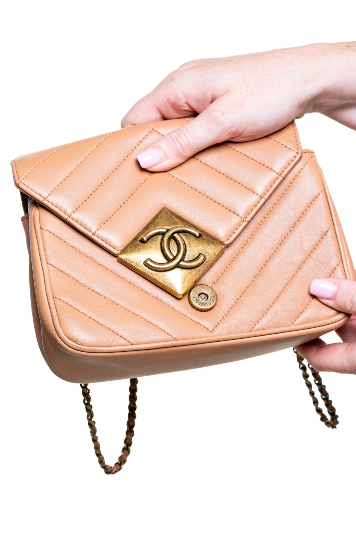 Brown Mini Lambskin Chevron Pyramid CC Flap Bag