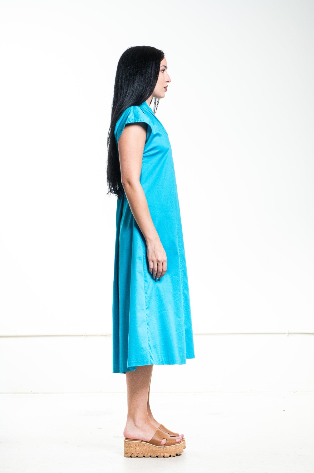 Turquoise Cotton V-Neck Midi Dress