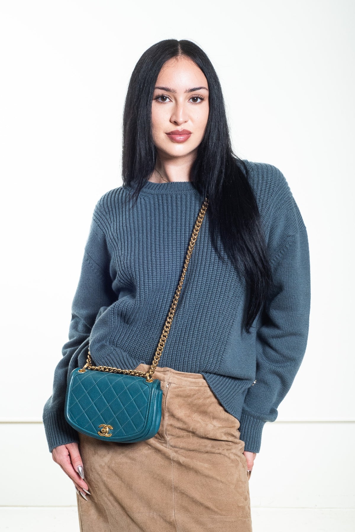 Teal Ribbed Cashmere Pullover Sweater