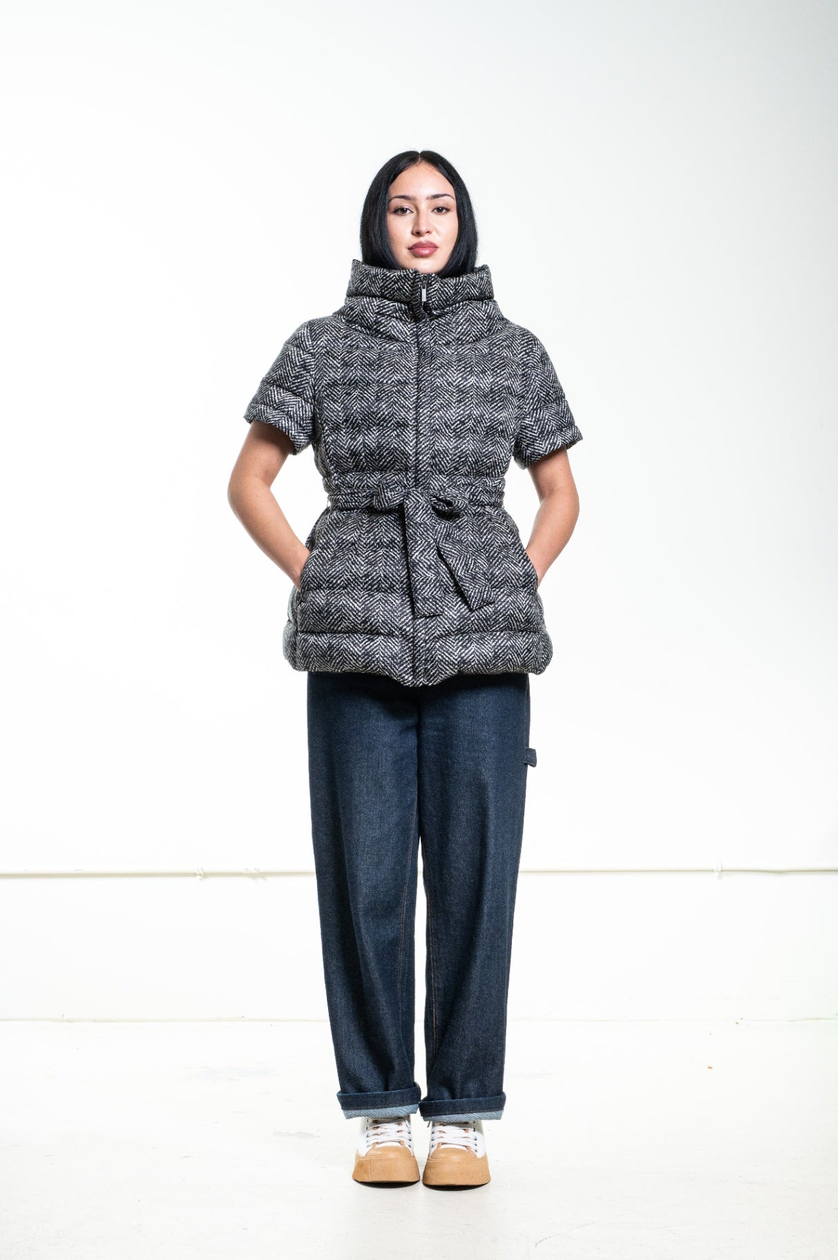 Black & White Herringbone Puffer Jacket