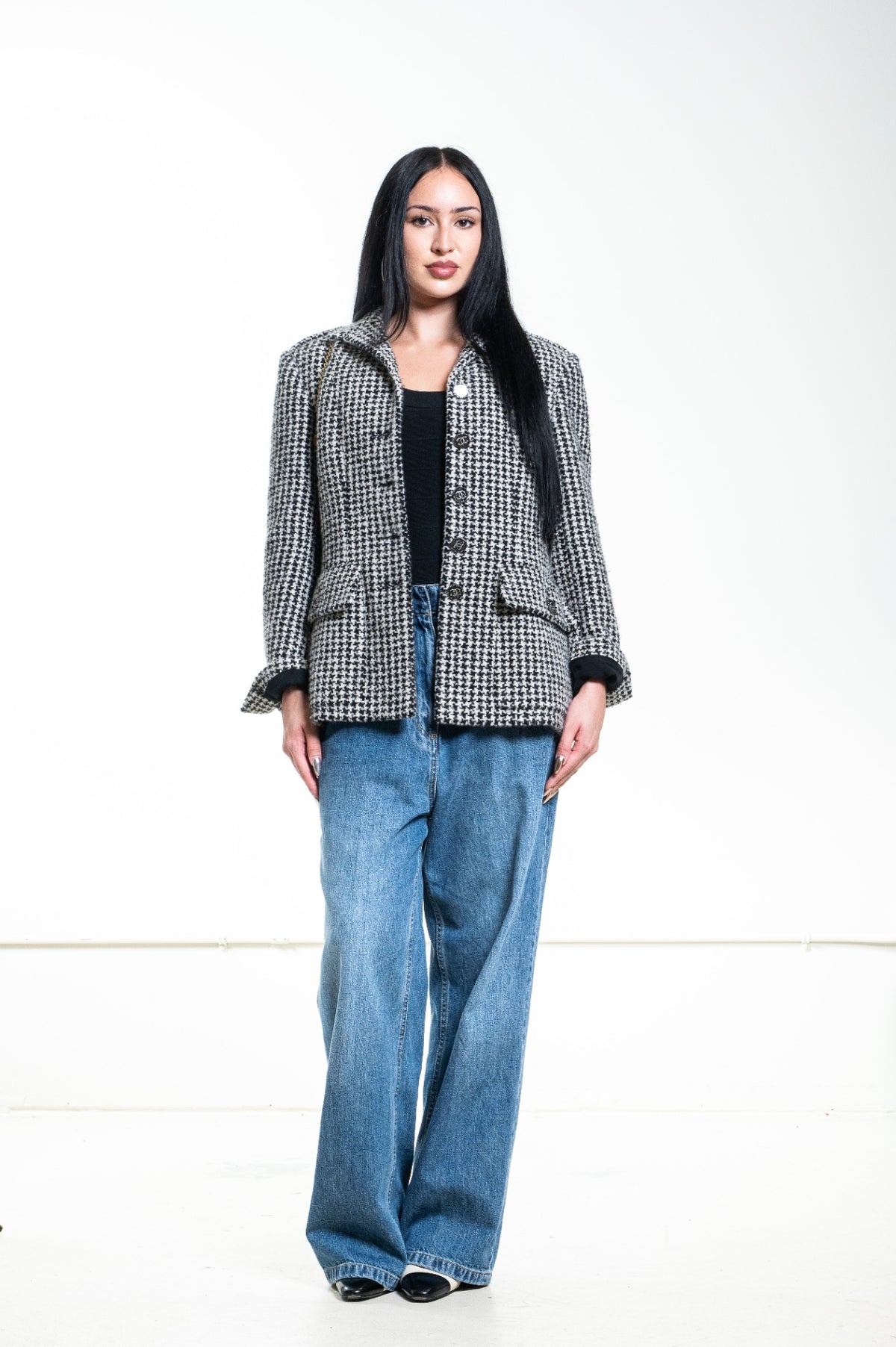 2022 Black and White Houndstooth Tweed Jacket