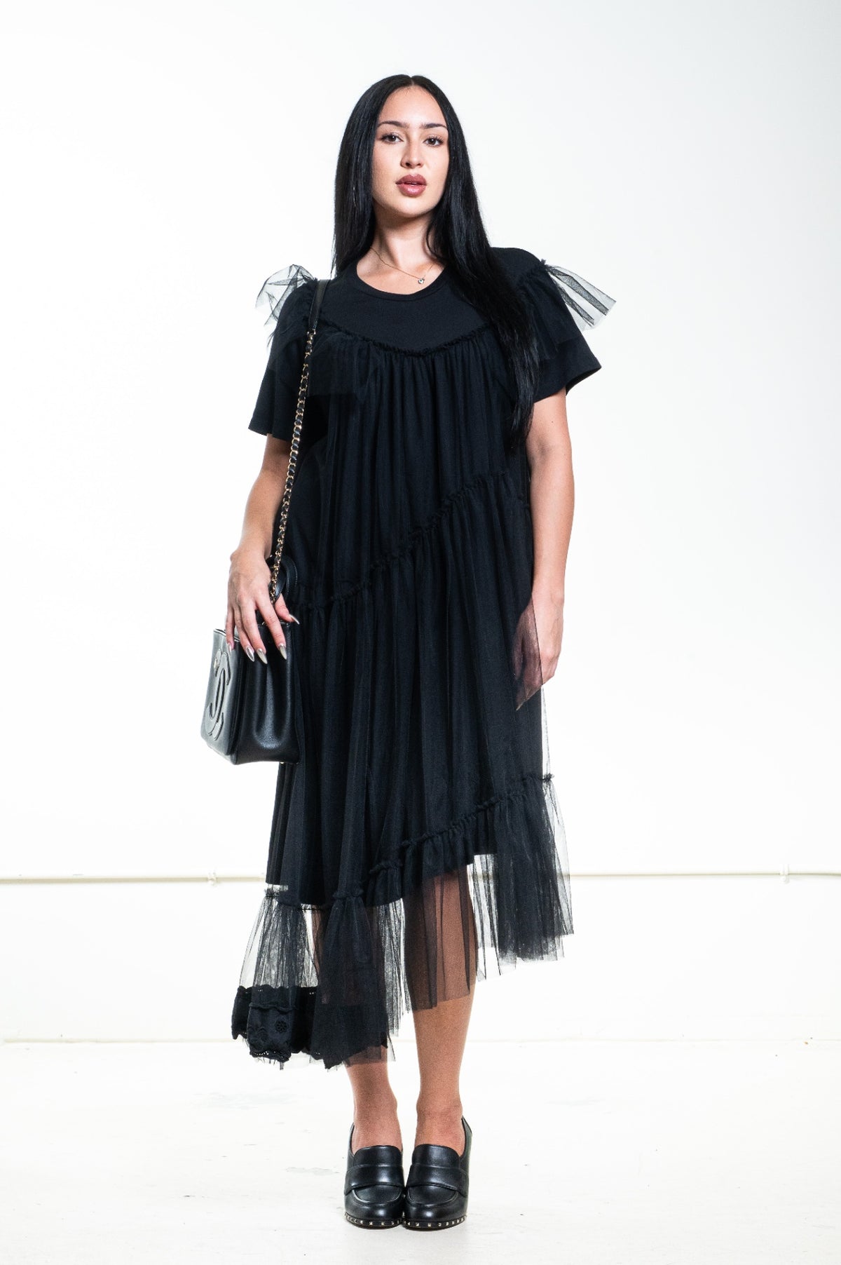 Black Asymmetrical Tulle T-Shirt Dress