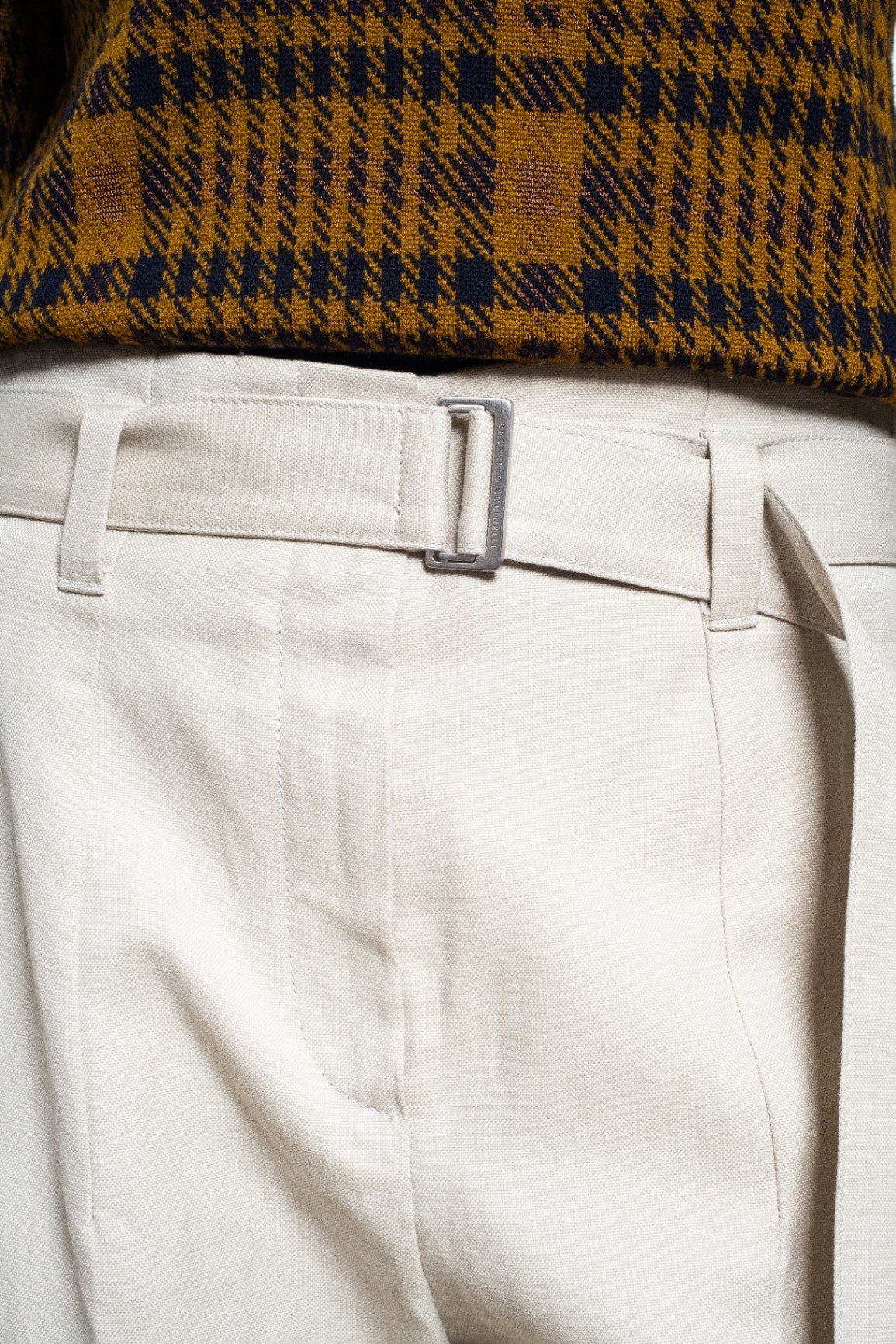 Beige Belted Straight-Leg Trousers