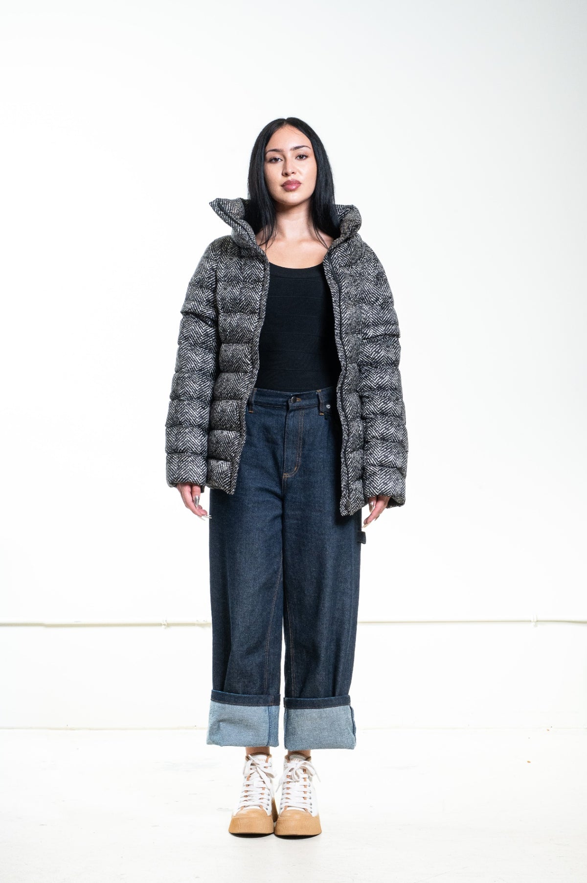 Black & White Herringbone Puffer Jacket