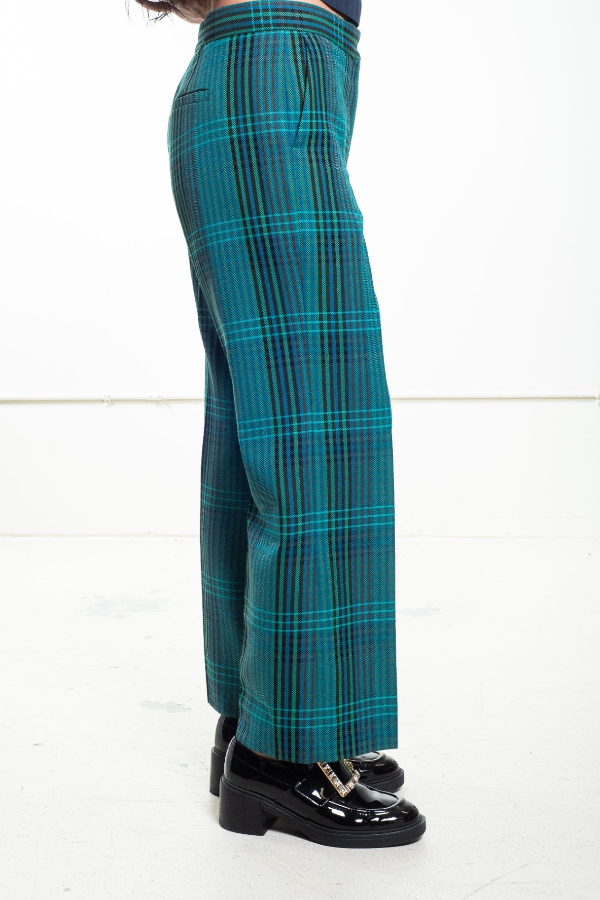 Teal Plaid Wool Trouser