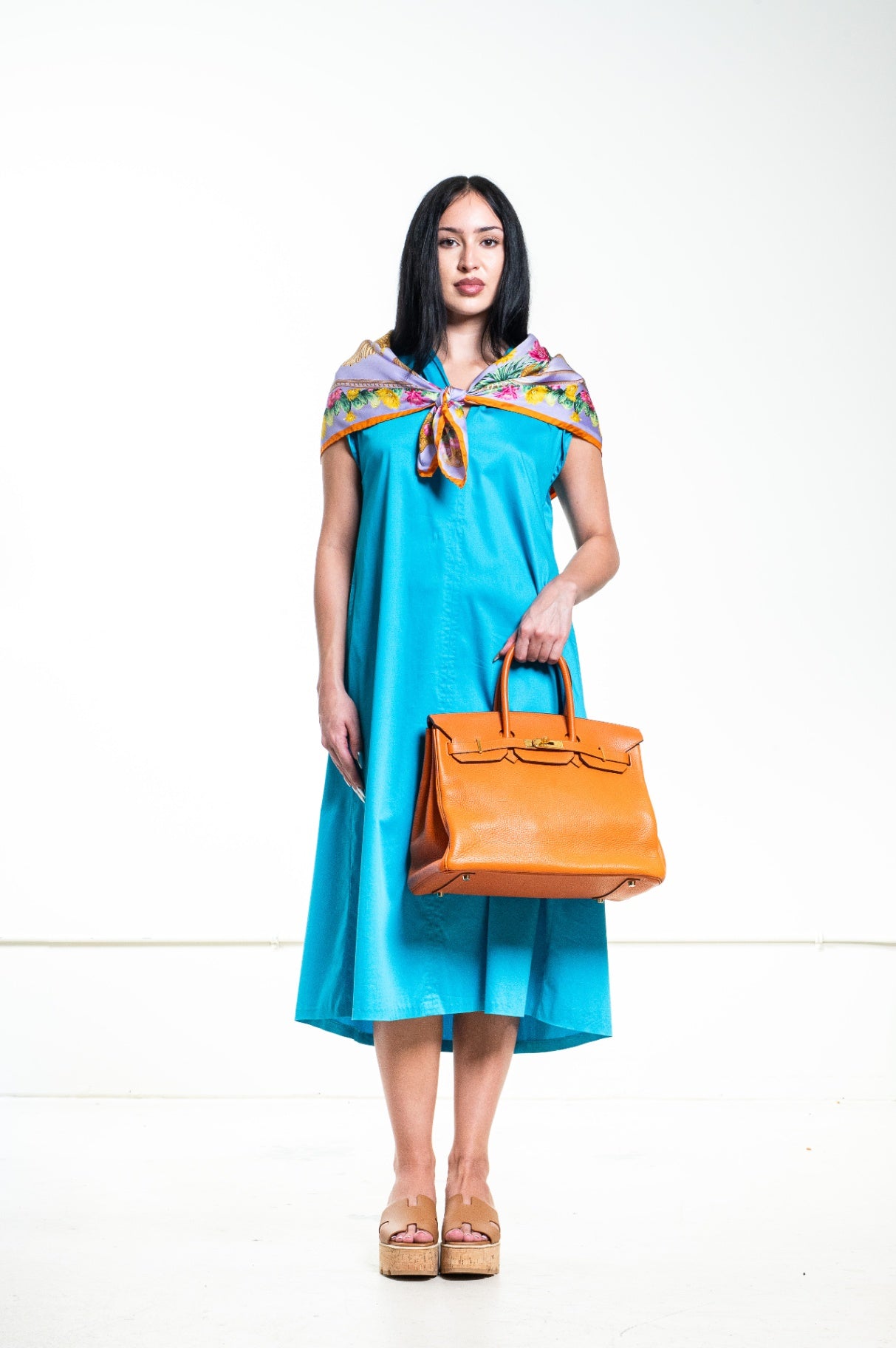 Turquoise Cotton V-Neck Midi Dress