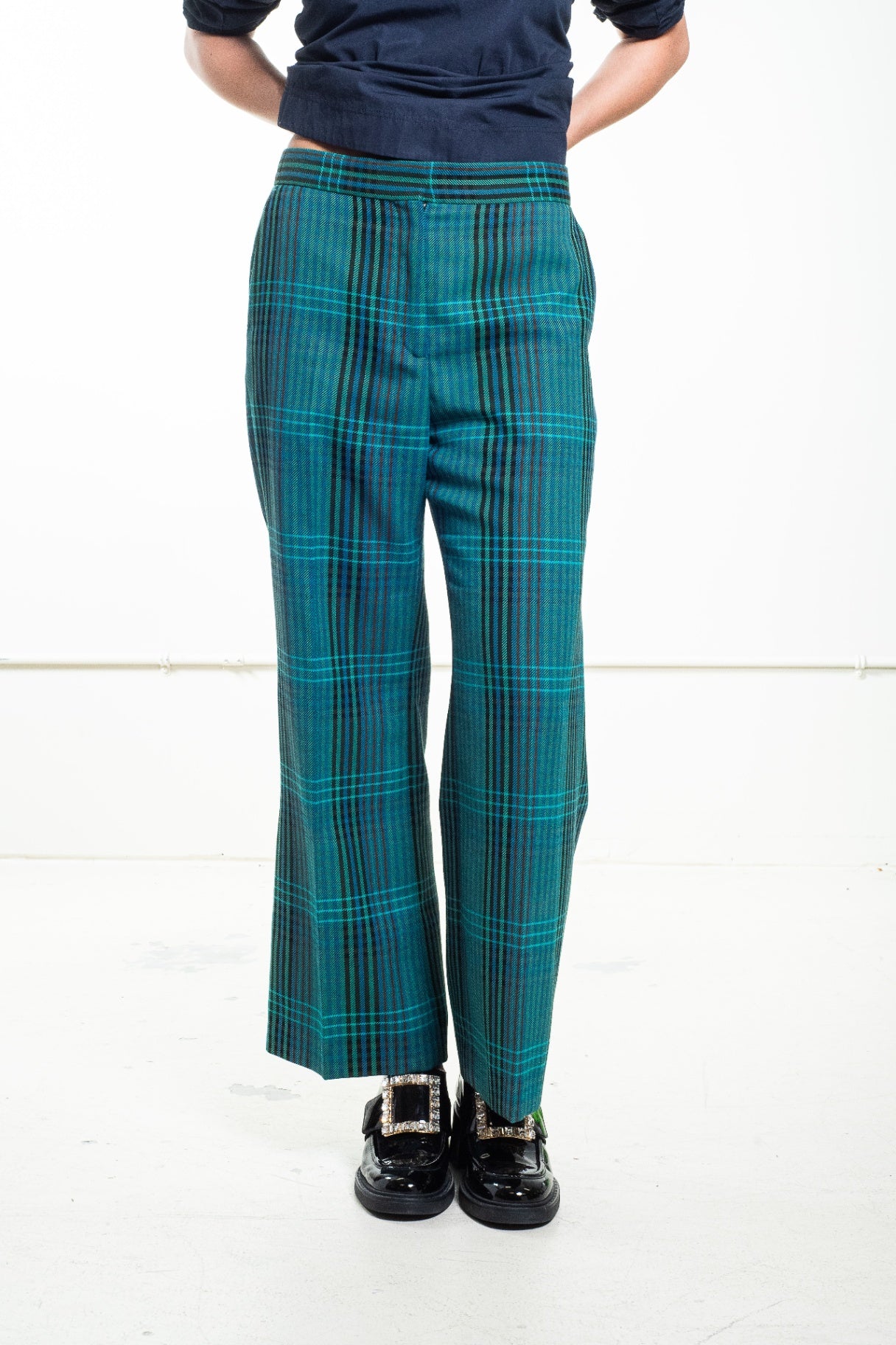 Teal Plaid Wool Trouser