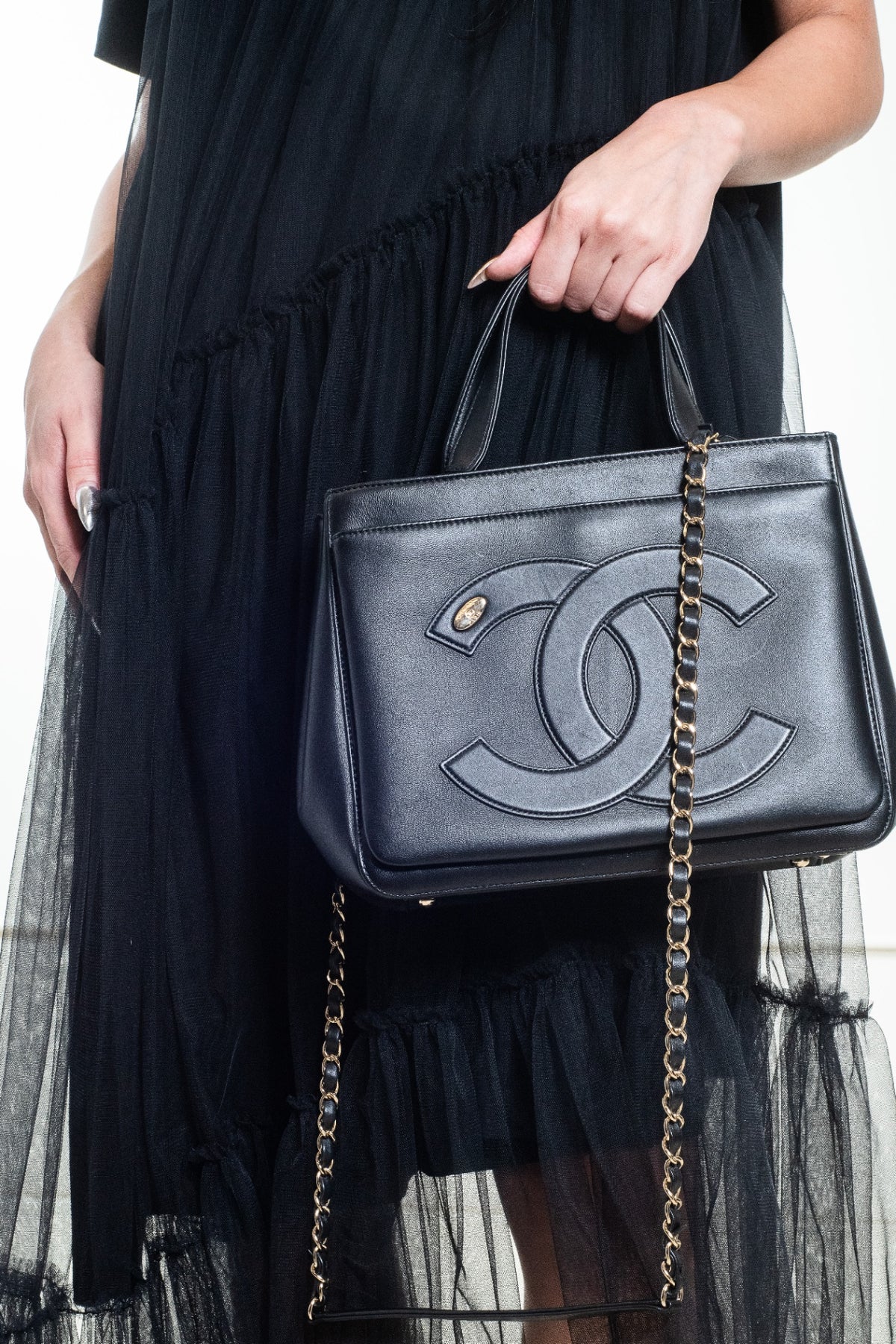 Black Small Lambskin CC Mania Shopping Tote