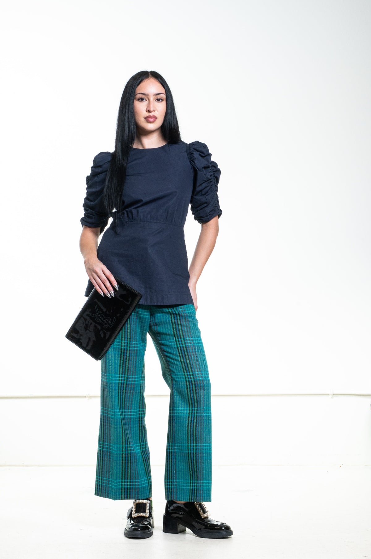 Dark Blue Ruched Sleeve Tunic Top
