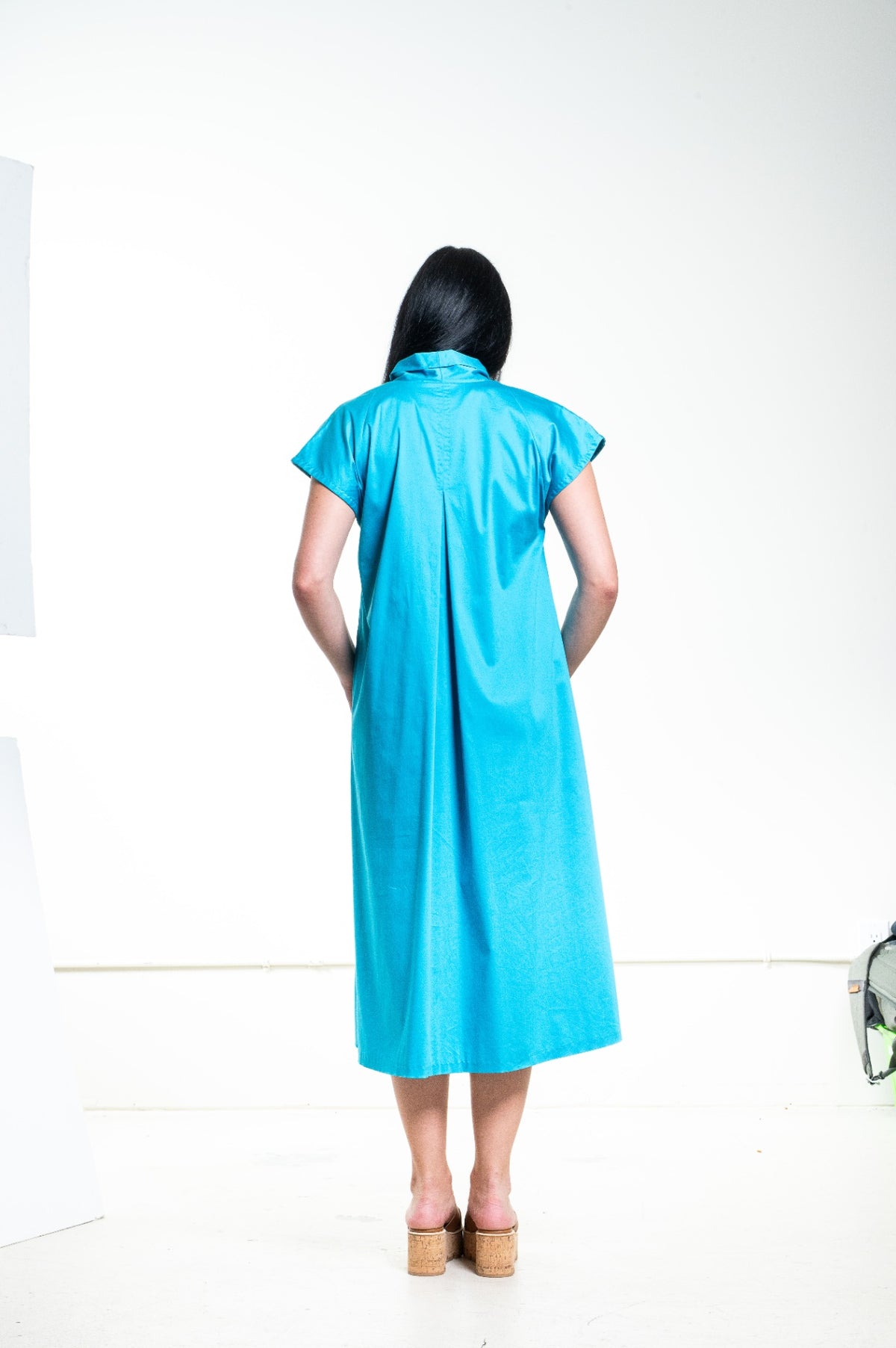 Turquoise Cotton V-Neck Midi Dress