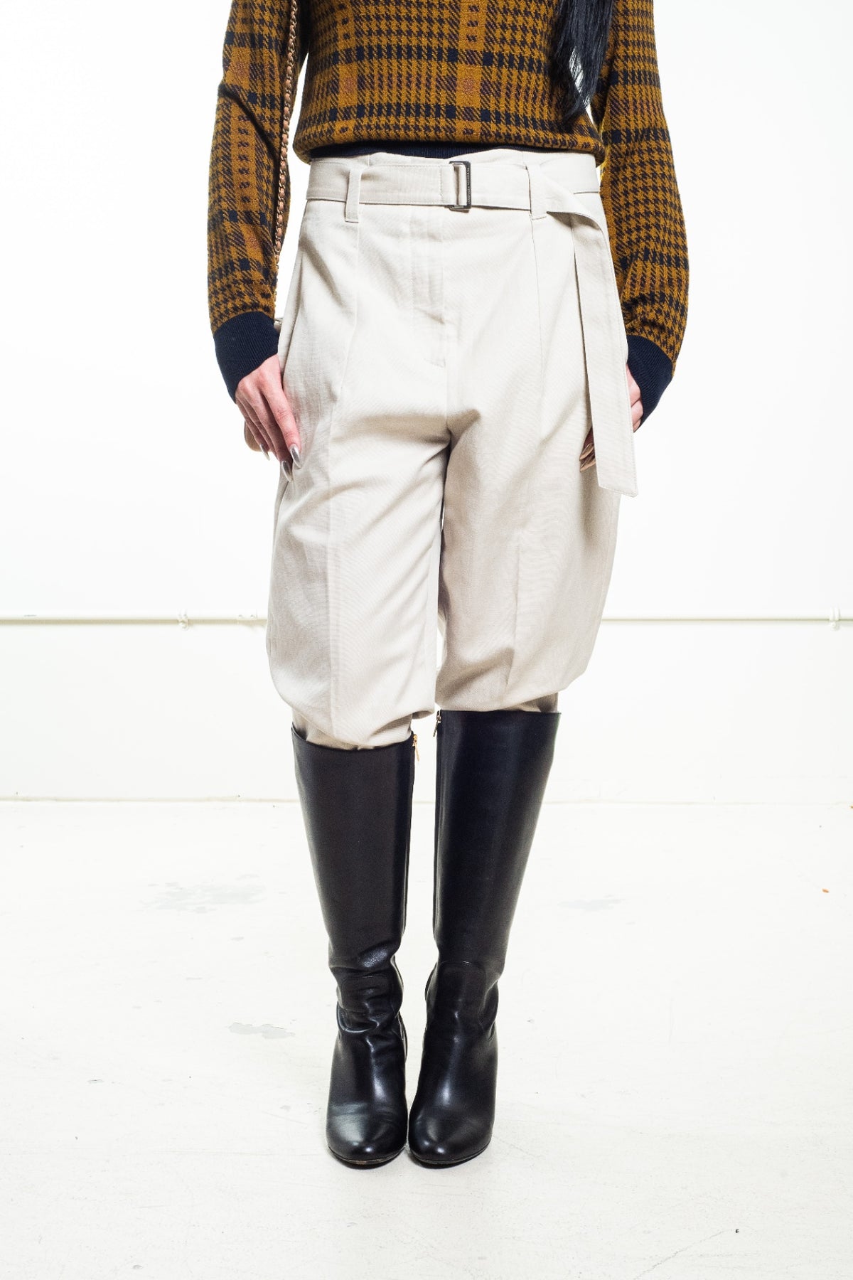 Beige Belted Straight-Leg Trousers