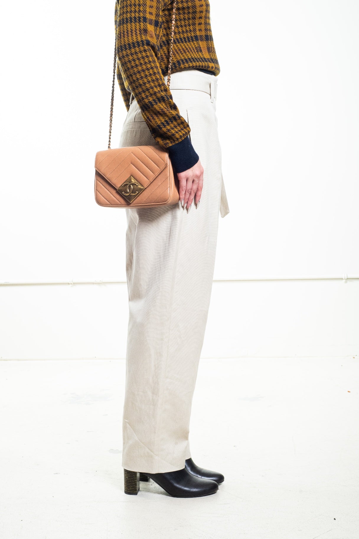 Beige Belted Straight-Leg Trousers