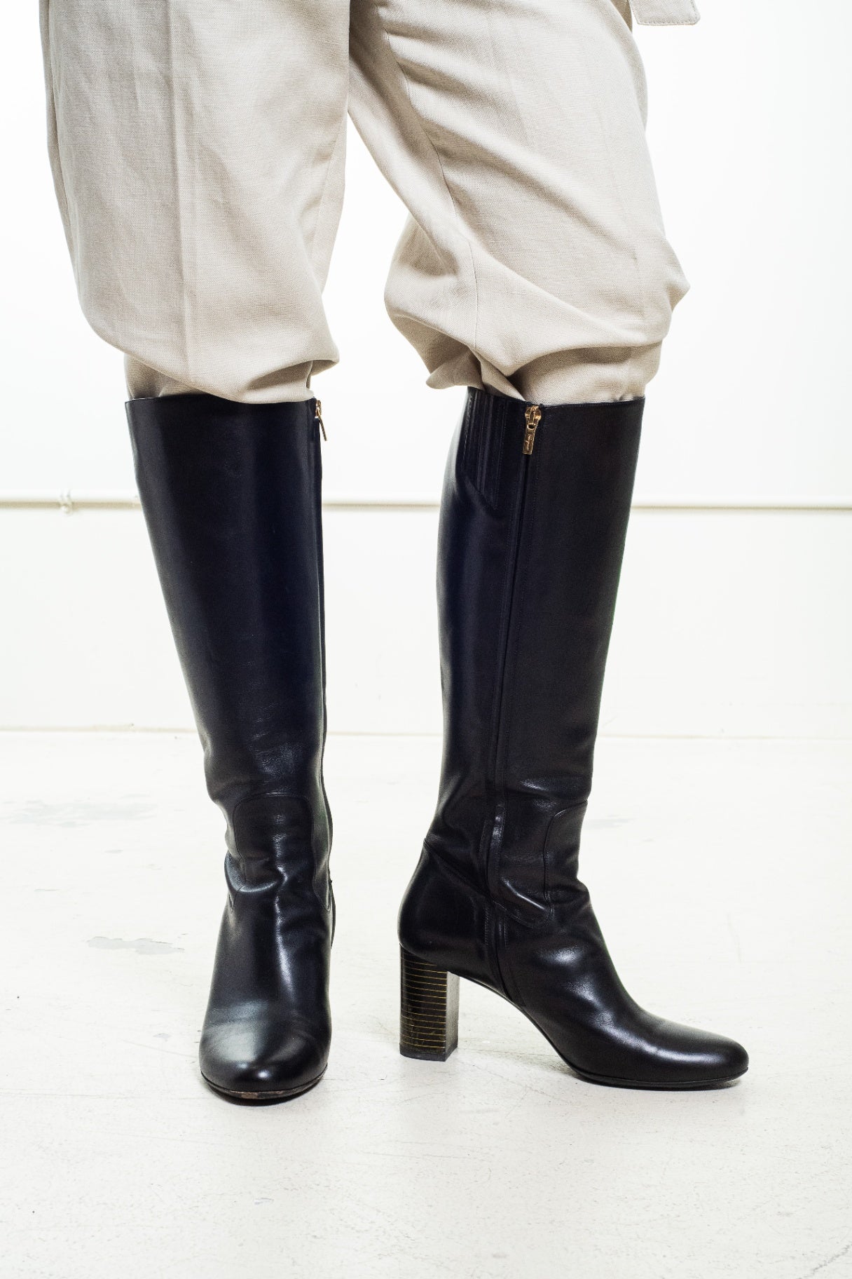 Beige Belted Straight-Leg Trousers