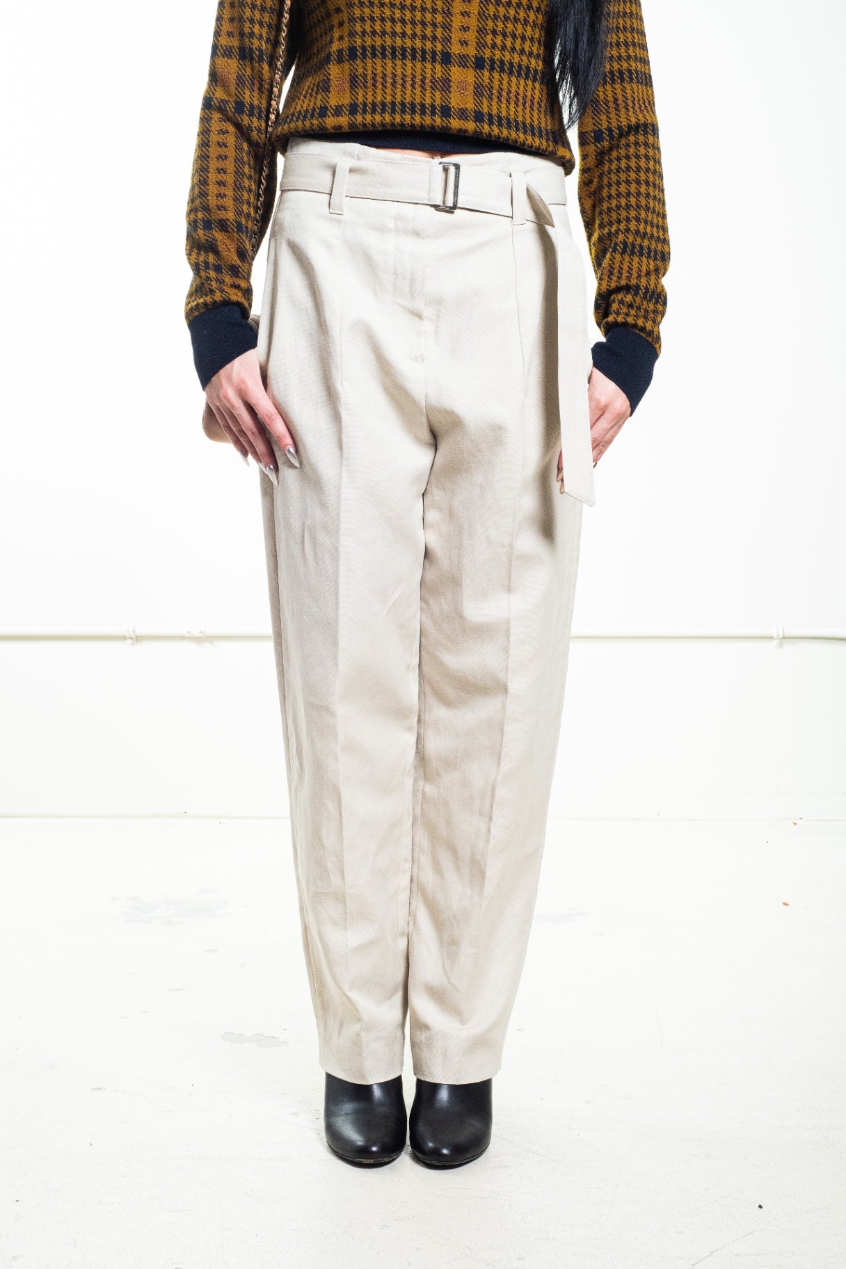 Beige Belted Straight-Leg Trousers