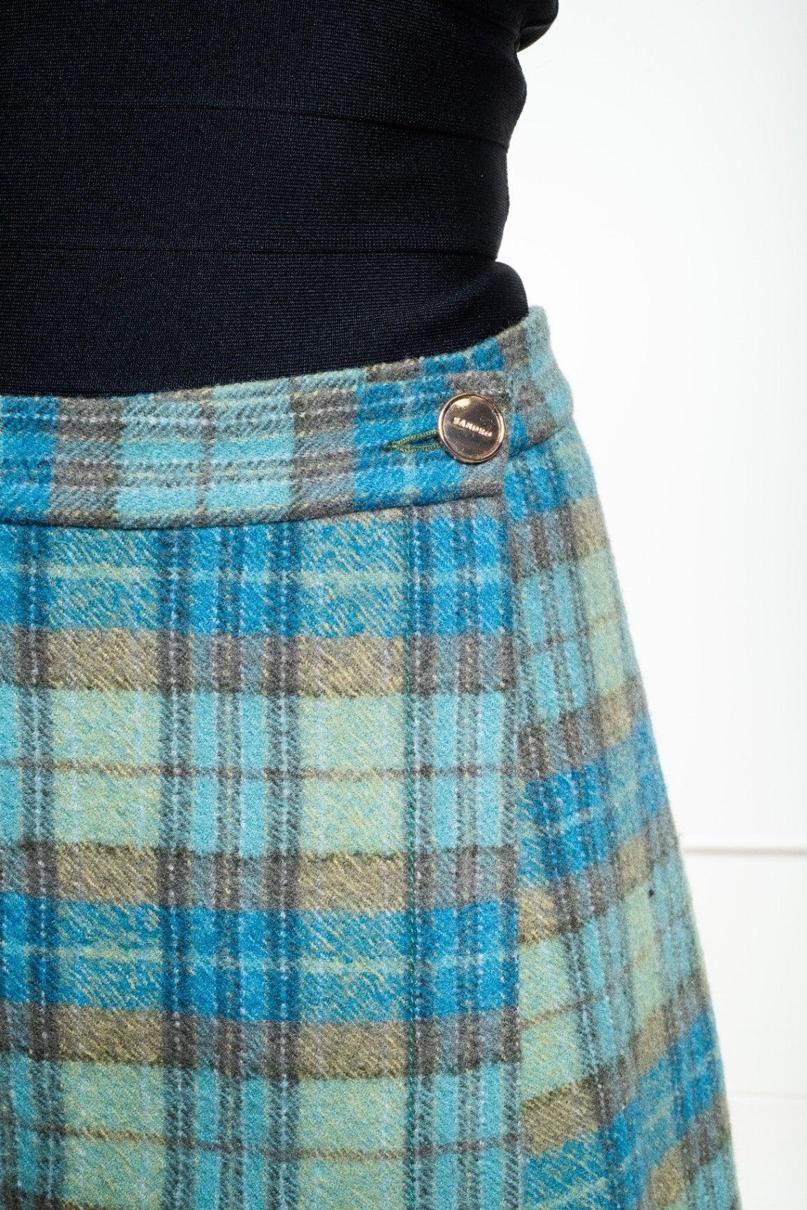 Green and Blue Darla Checked Wool Mini Wrap Skirt