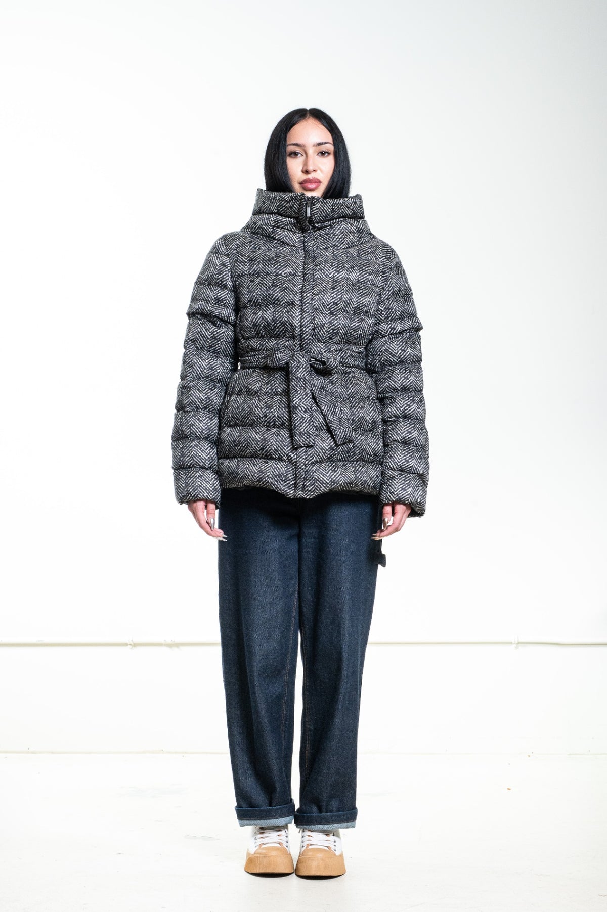 Black & White Herringbone Puffer Jacket