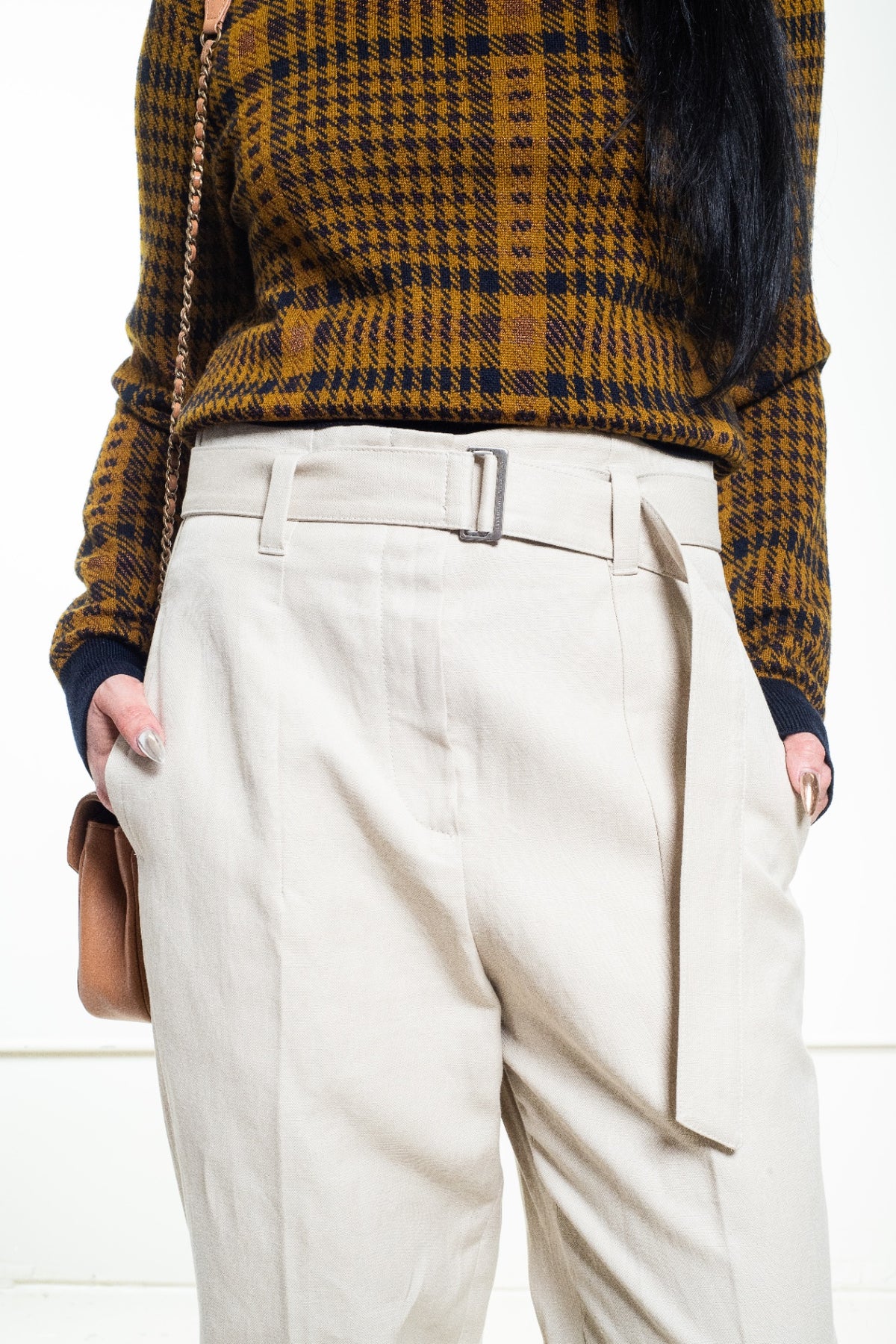 Beige Belted Straight-Leg Trousers