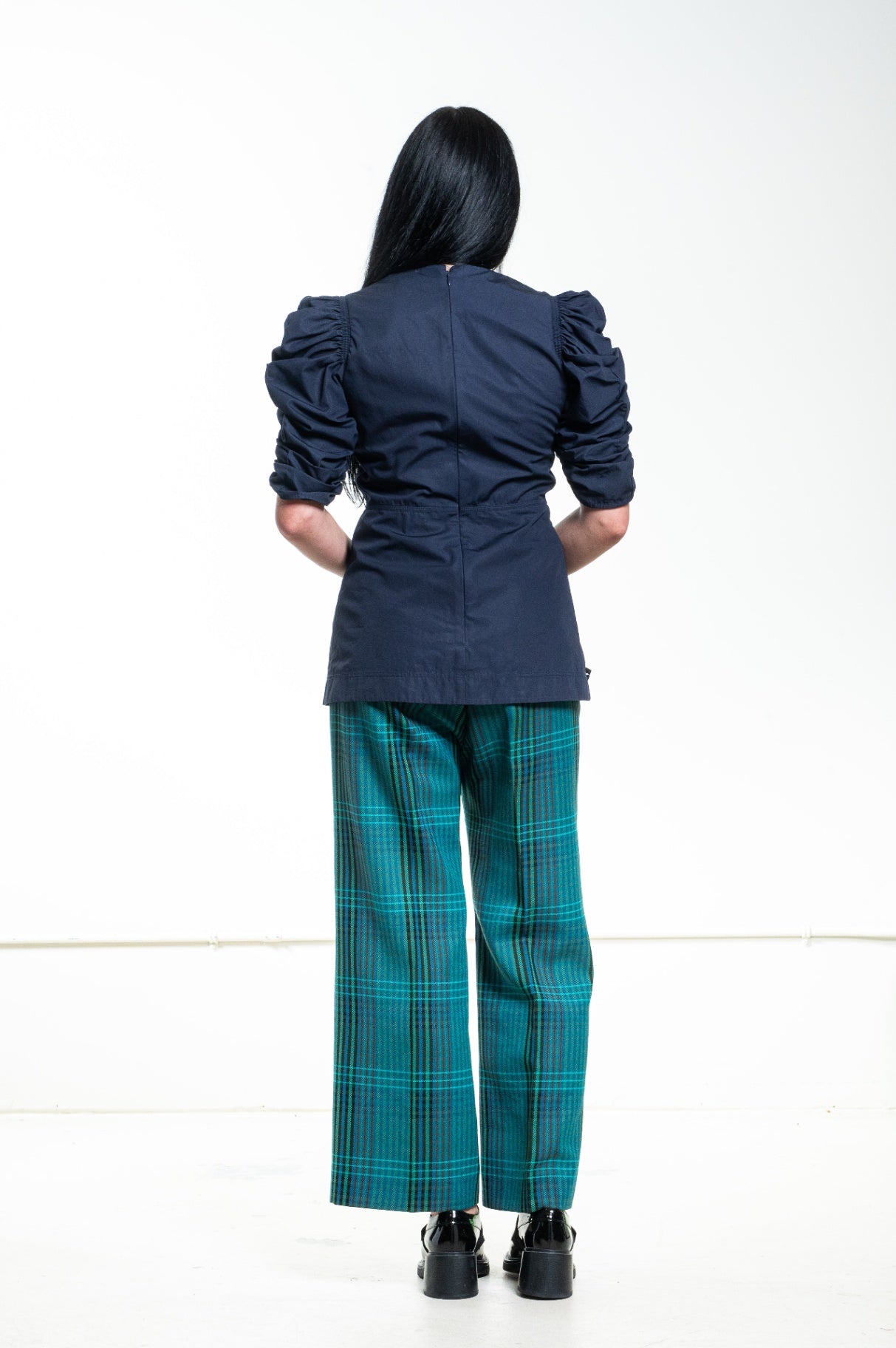 Dark Blue Ruched Sleeve Tunic Top
