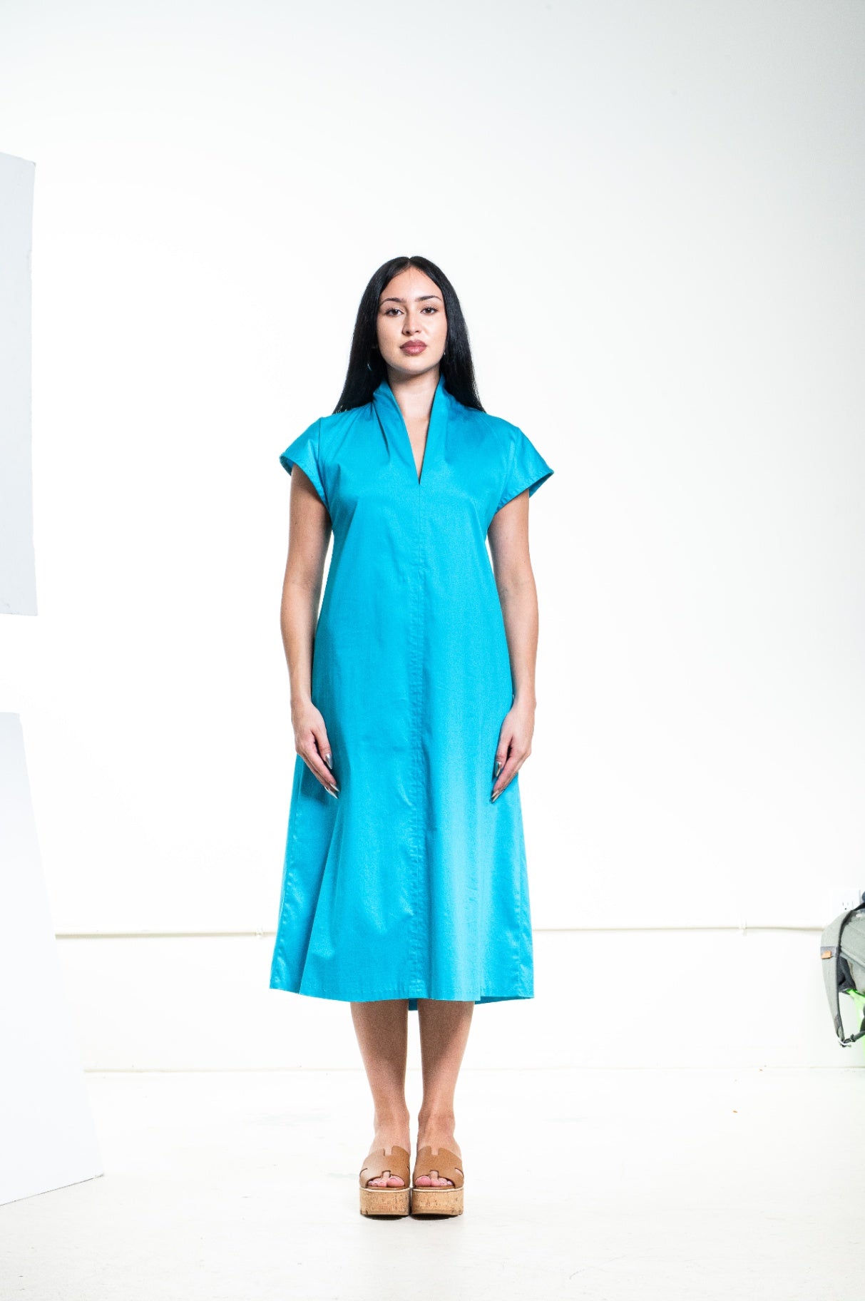Turquoise Cotton V-Neck Midi Dress