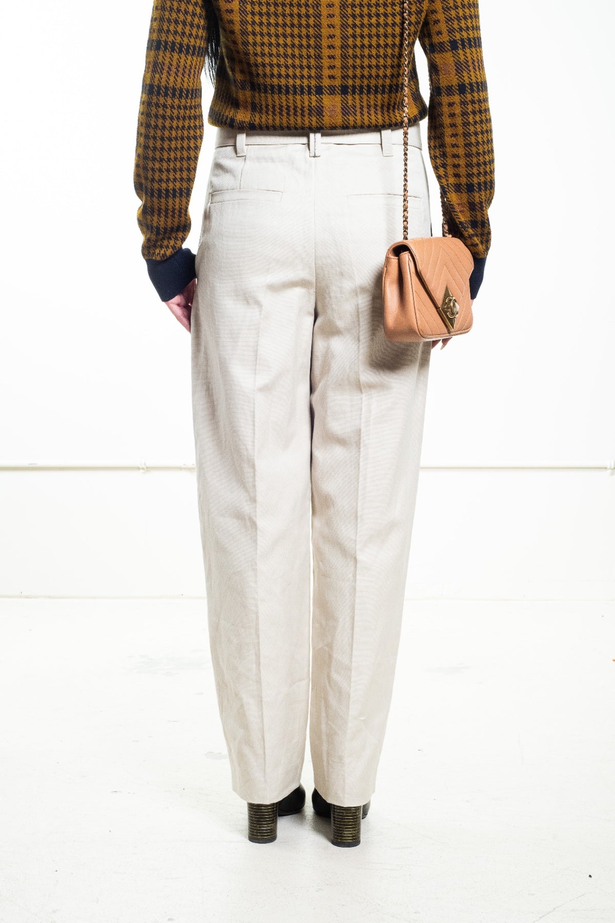Beige Belted Straight-Leg Trousers
