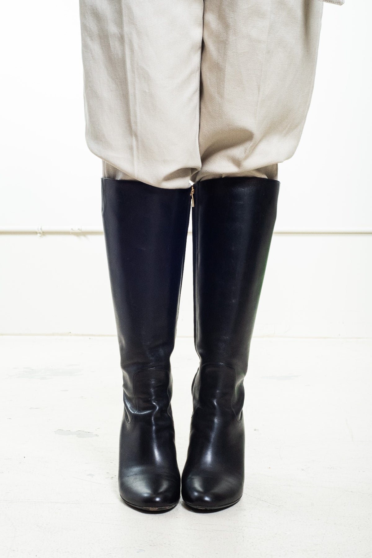 Beige Belted Straight-Leg Trousers