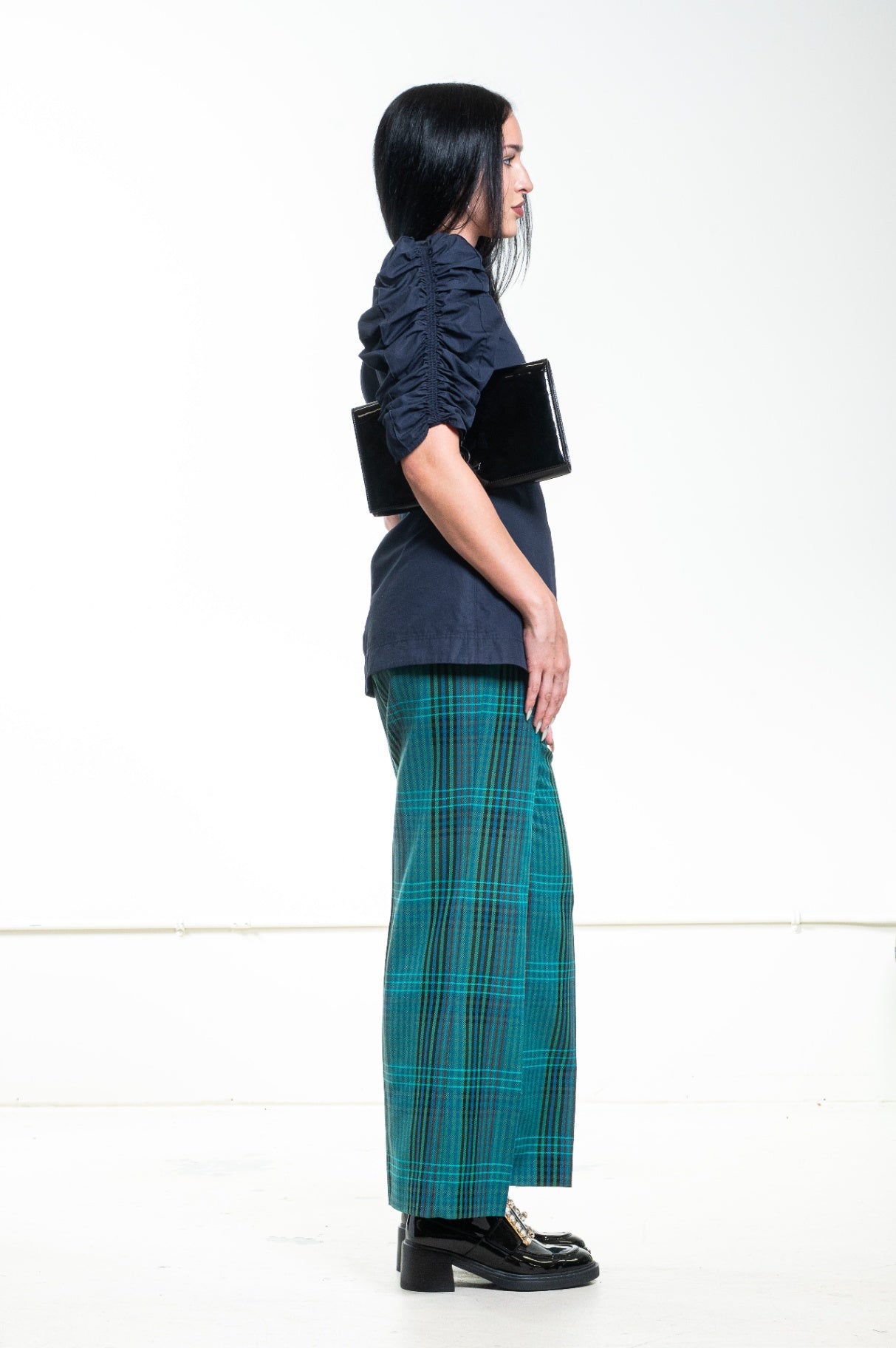 Dark Blue Ruched Sleeve Tunic Top