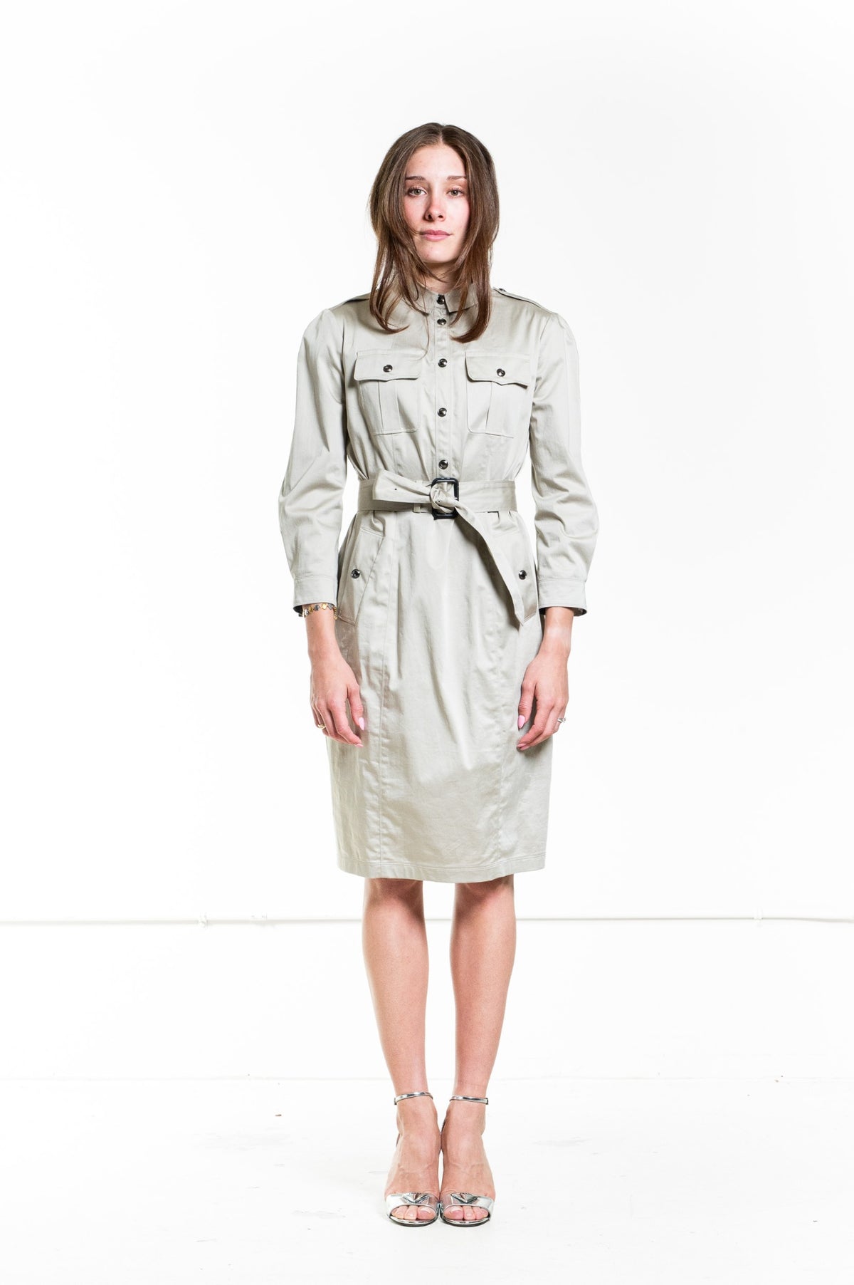 Beige shirt dress with belted waist