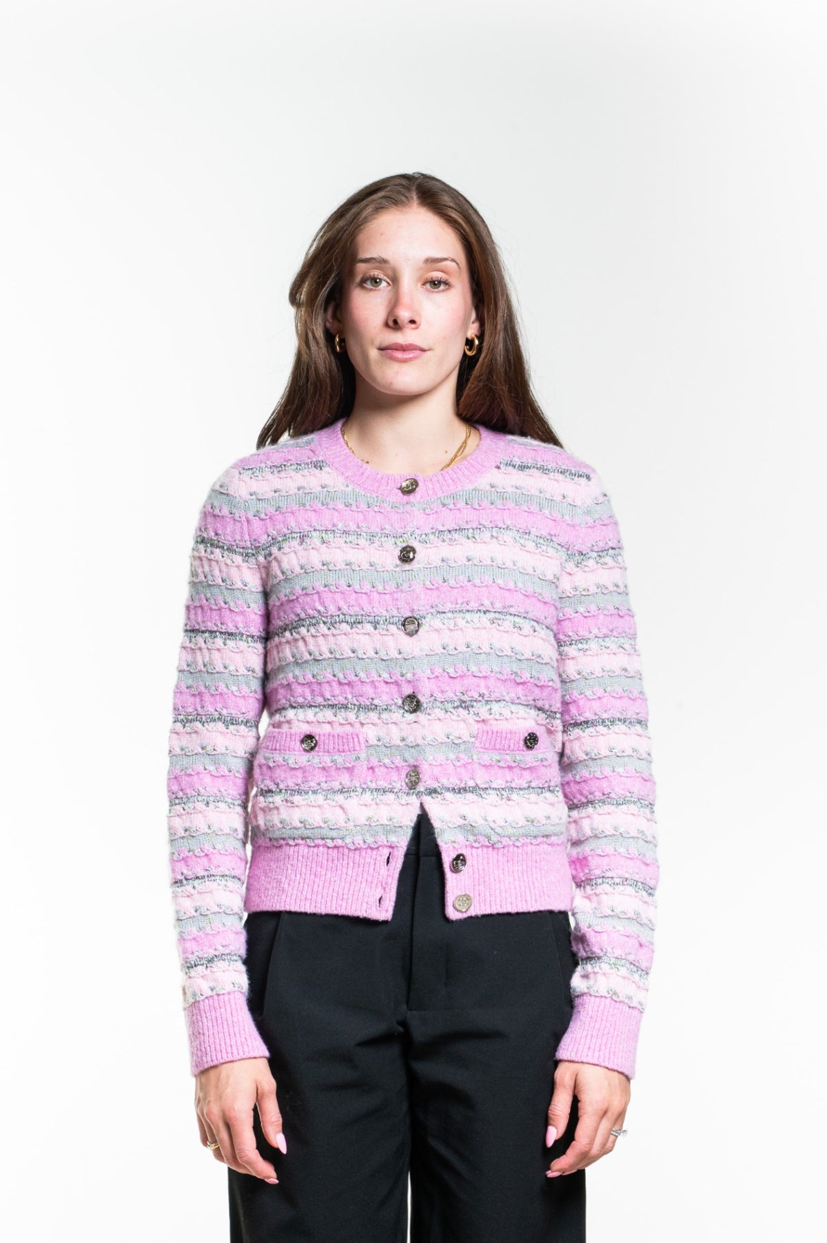 Pink Striped Knit Cardigan