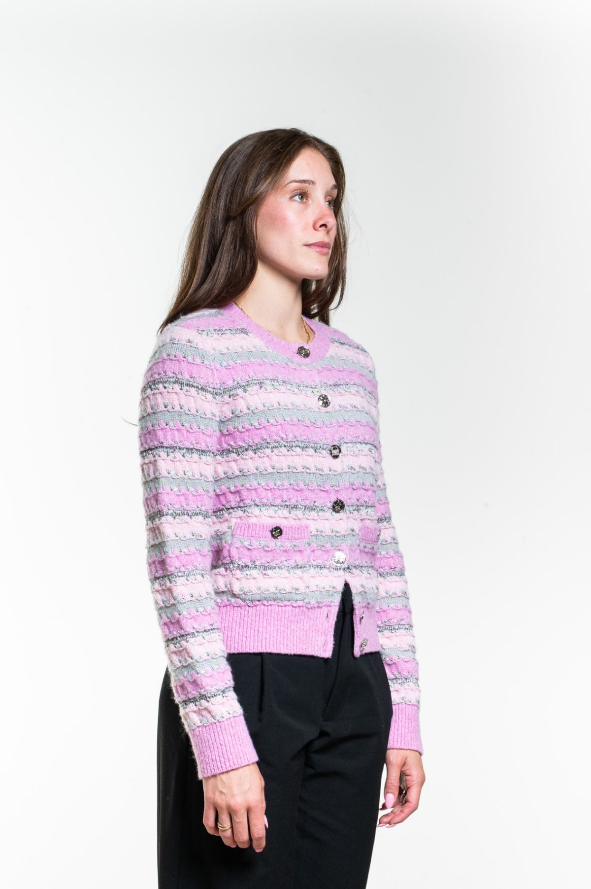 Pink Striped Knit Cardigan