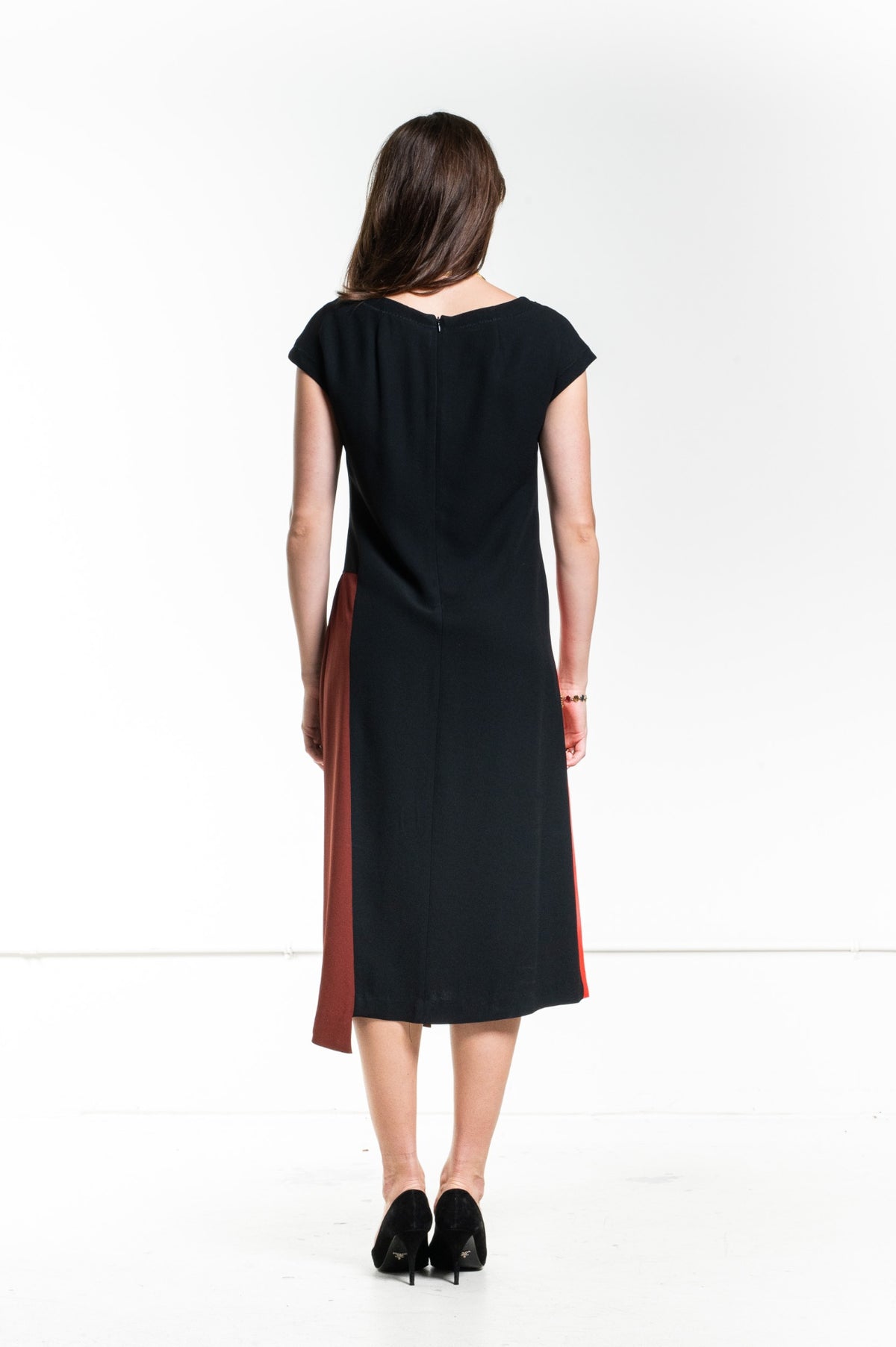 Red Colorblock Pattern Midi Length Dress