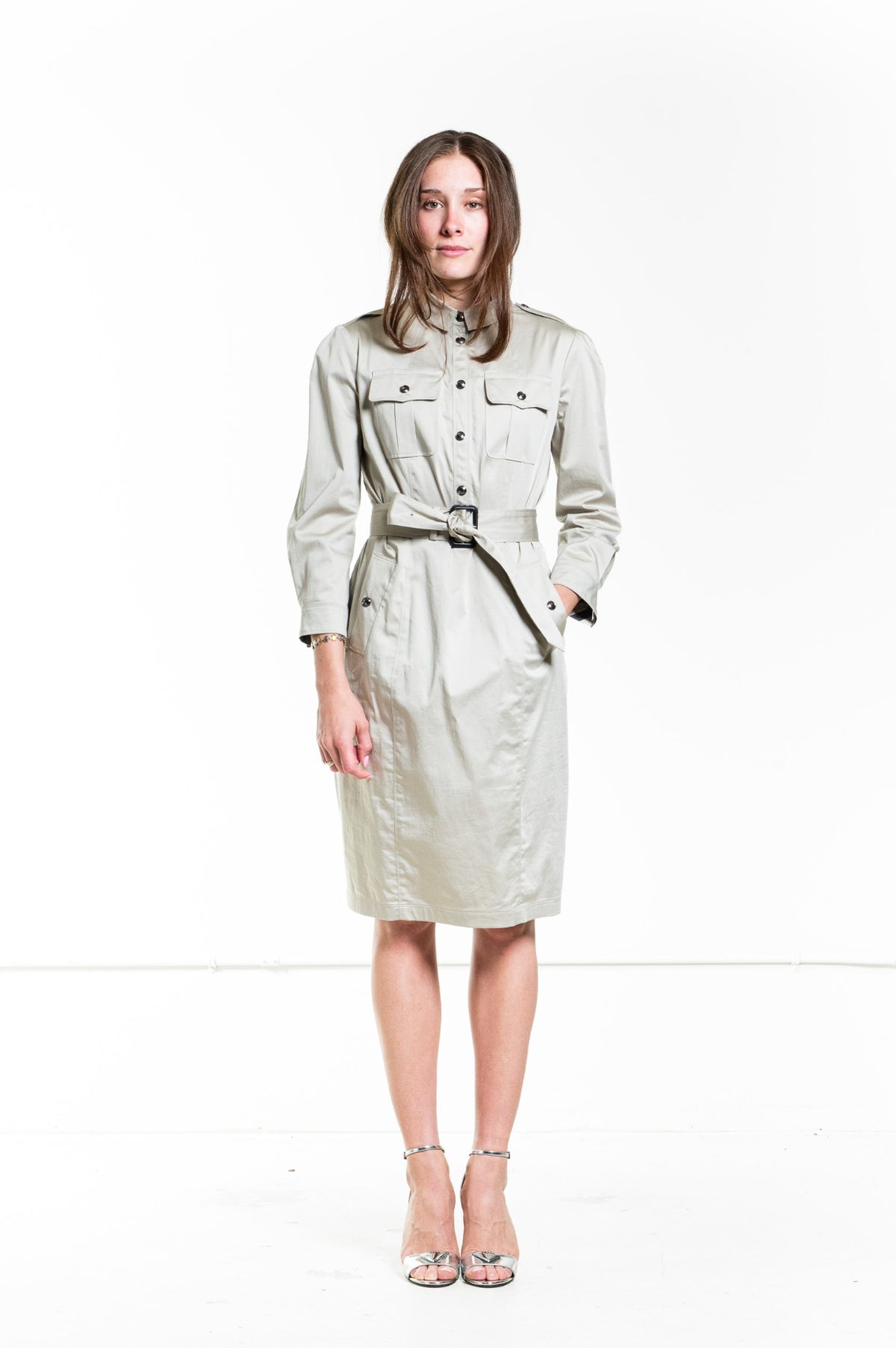 Beige shirt dress with belted waist