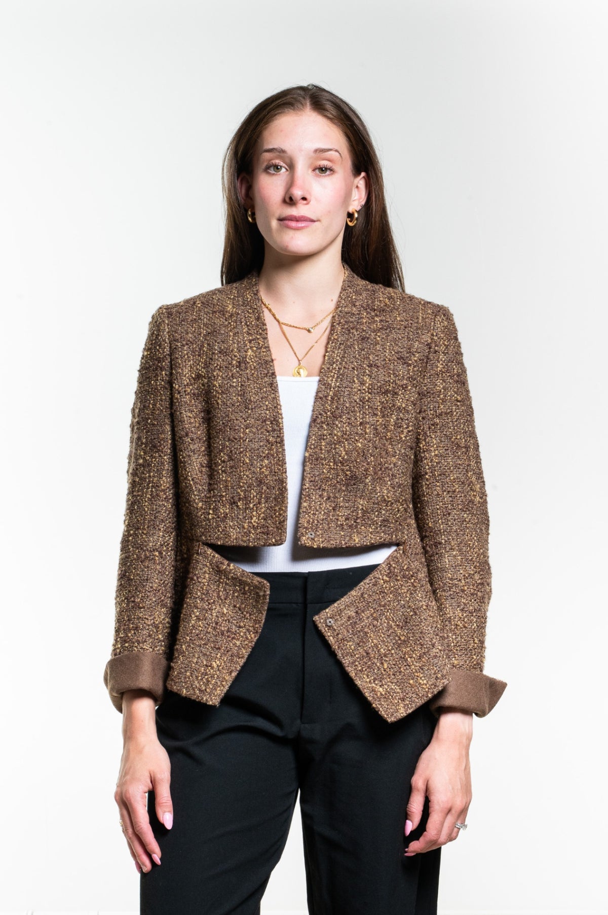 Brown Textured Tweed Jacket