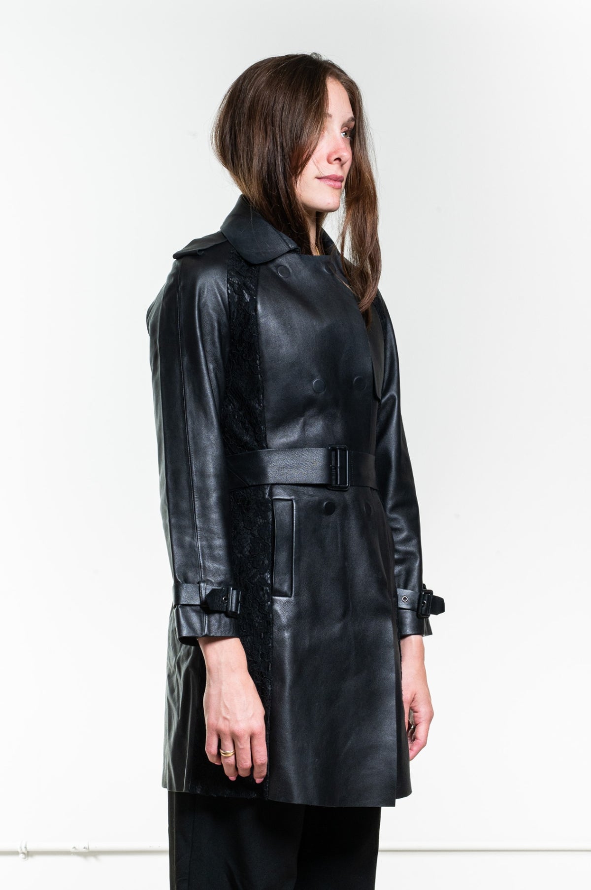 Black Double-Breasted Leather Trench Coat