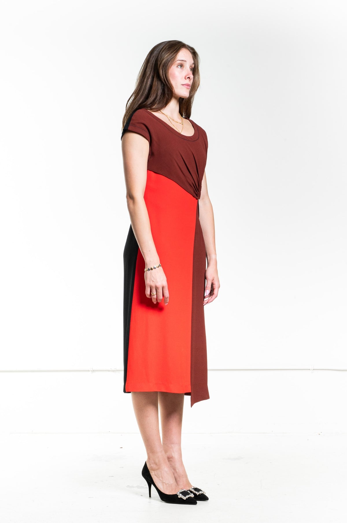 Red Colorblock Pattern Midi Length Dress