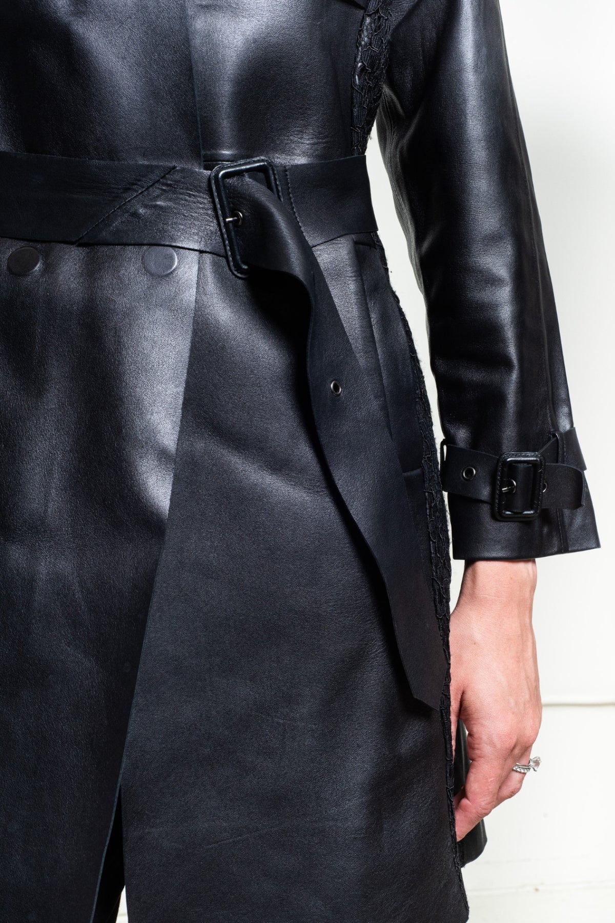 Black Double-Breasted Leather Trench Coat