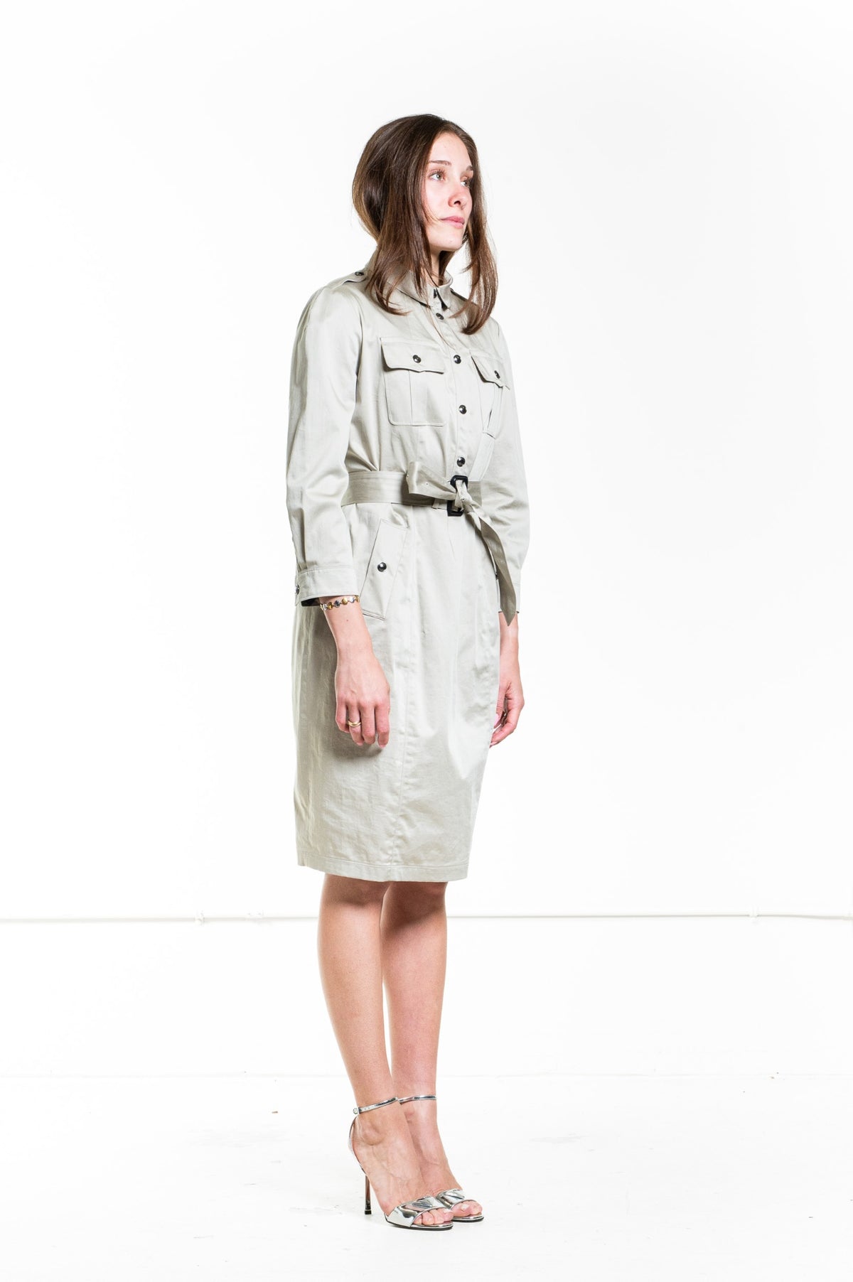 Beige shirt dress with belted waist