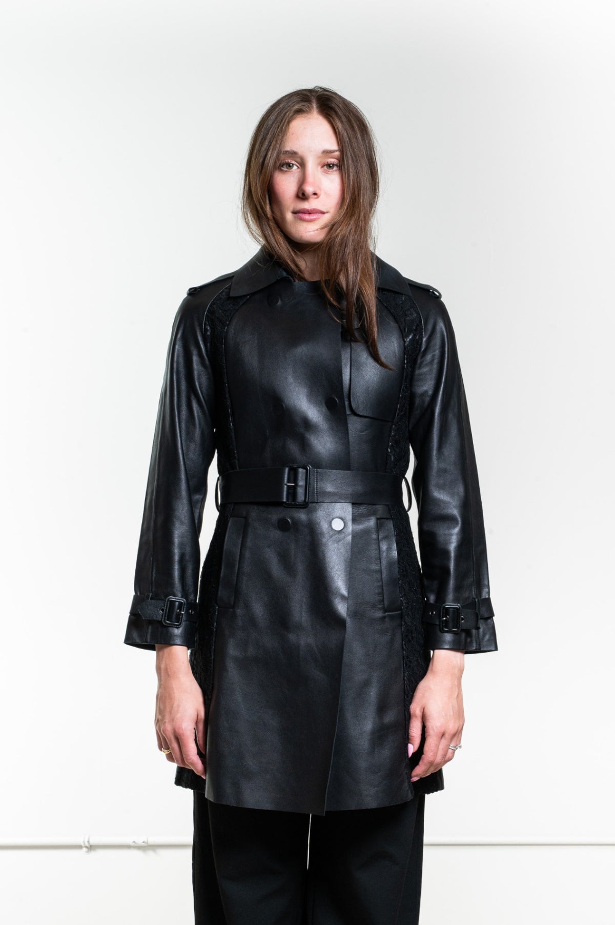 Black Double-Breasted Leather Trench Coat