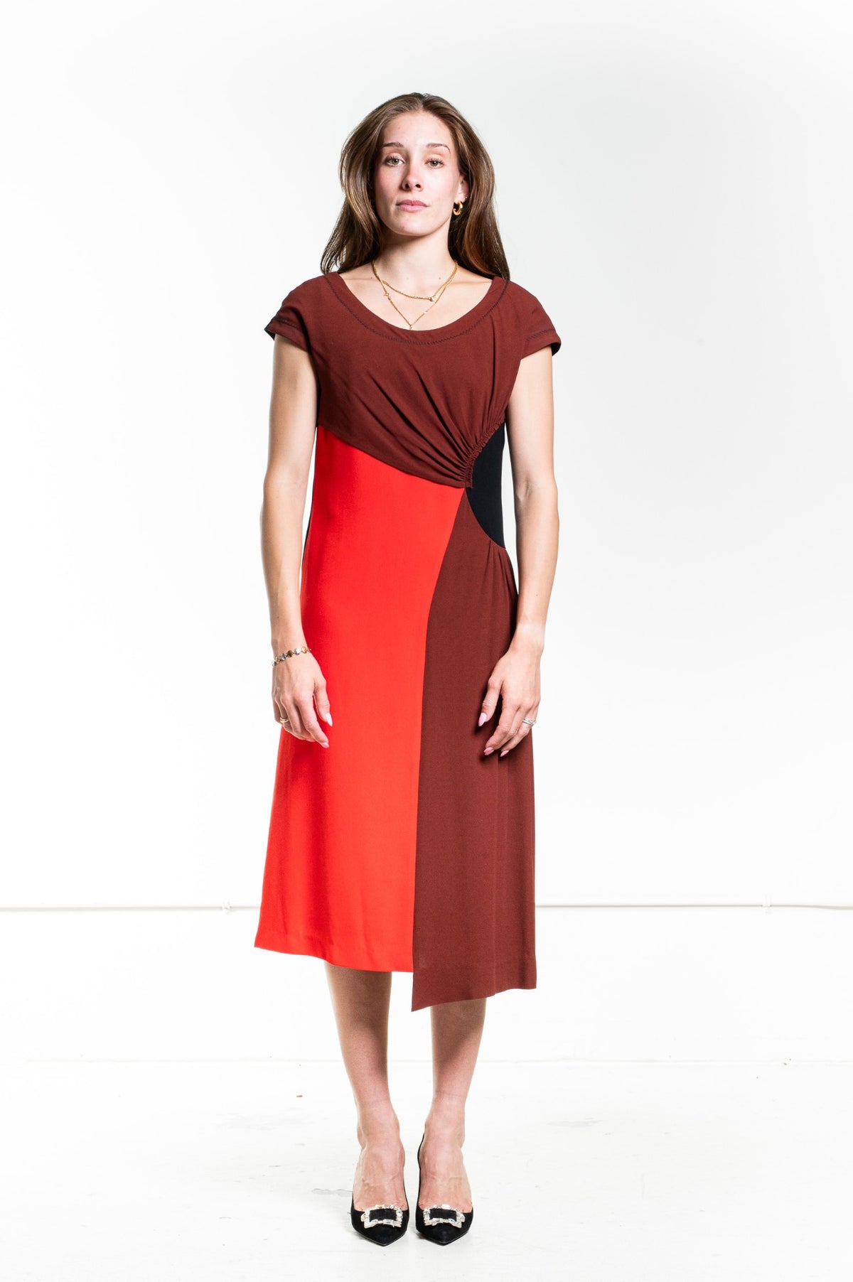 Red Colorblock Pattern Midi Length Dress