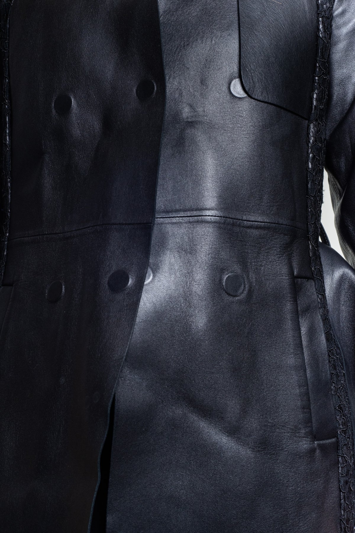 Black Double-Breasted Leather Trench Coat